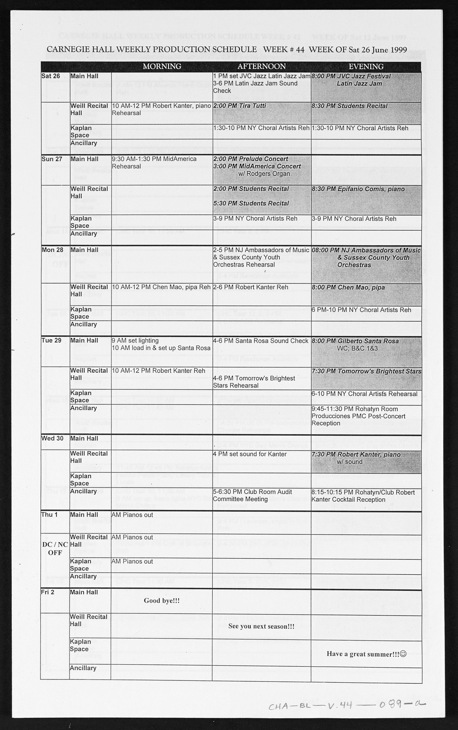 Carnegie Hall Booking Ledger, volume 44, page 89a