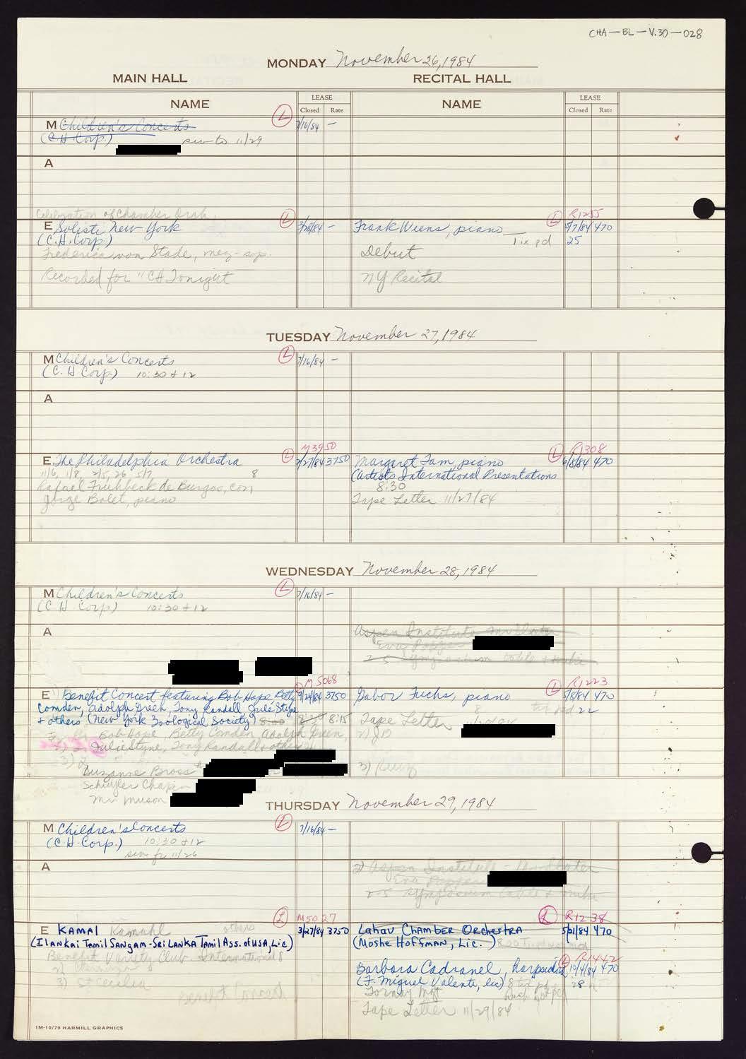 Carnegie Hall Booking Ledger, volume 30, page 28