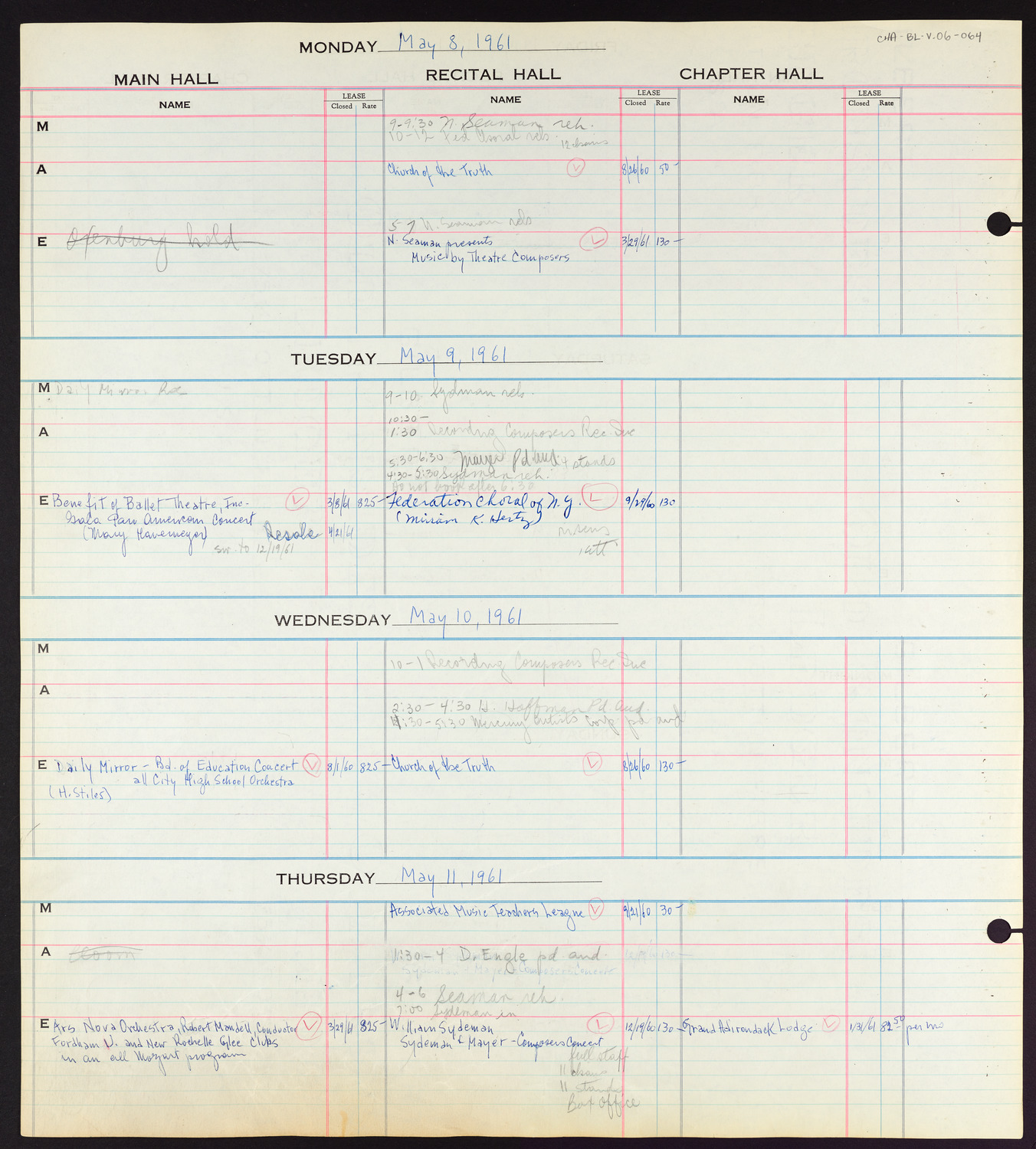 Carnegie Hall Booking Ledger, volume 6, page 64