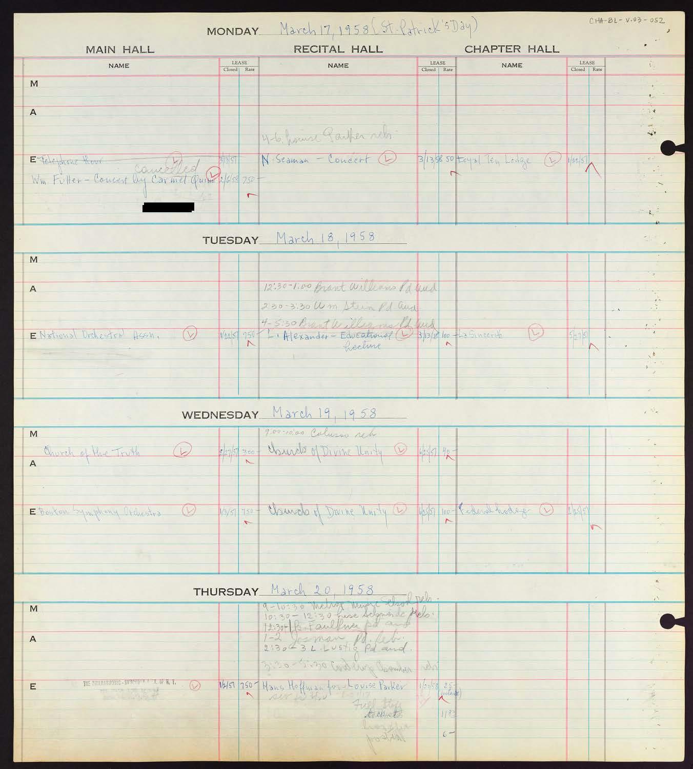 Carnegie Hall Booking Ledger, volume 3, page 52