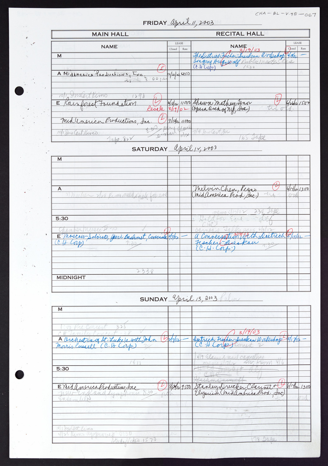 Carnegie Hall Booking Ledger, volume 48, page 67