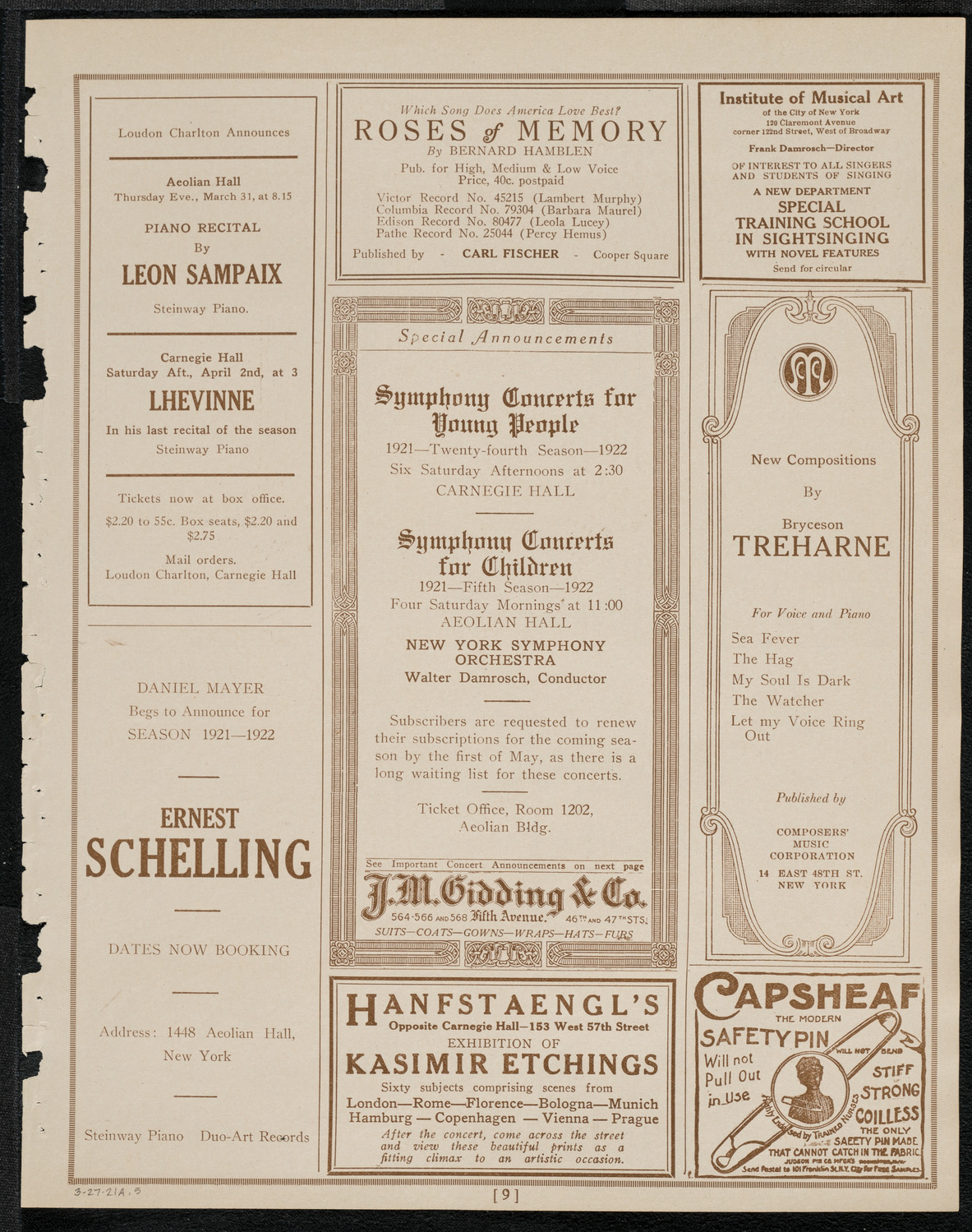New York Philharmonic, March 27, 1921, program page 9