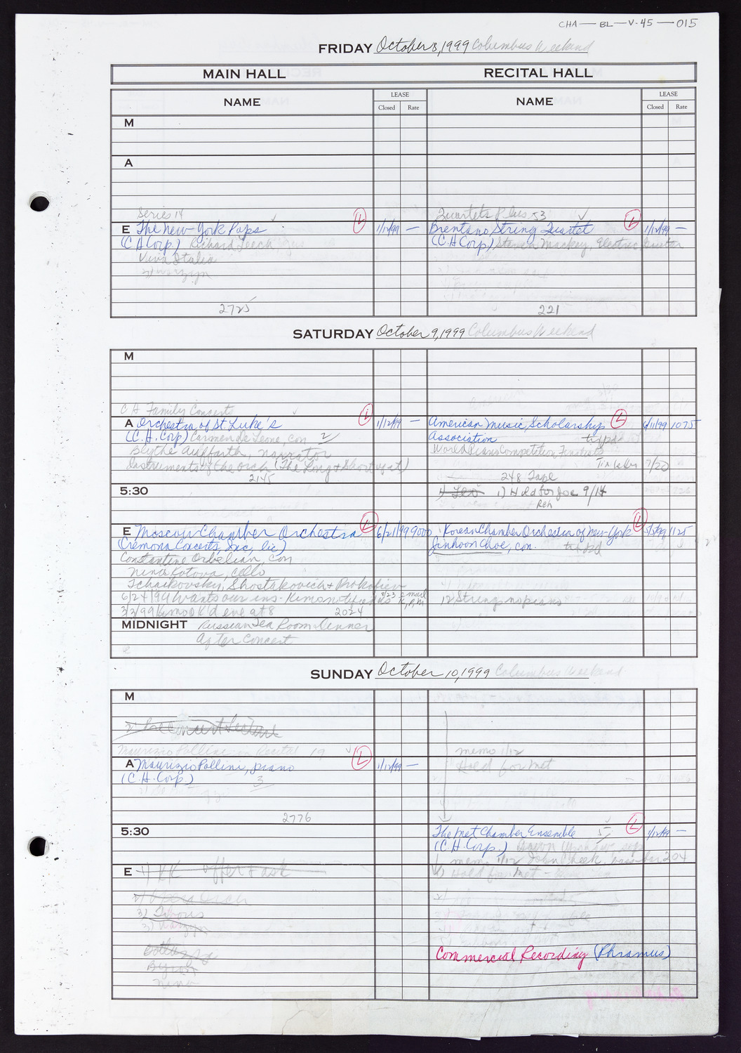 Carnegie Hall Booking Ledger, volume 45, page 15