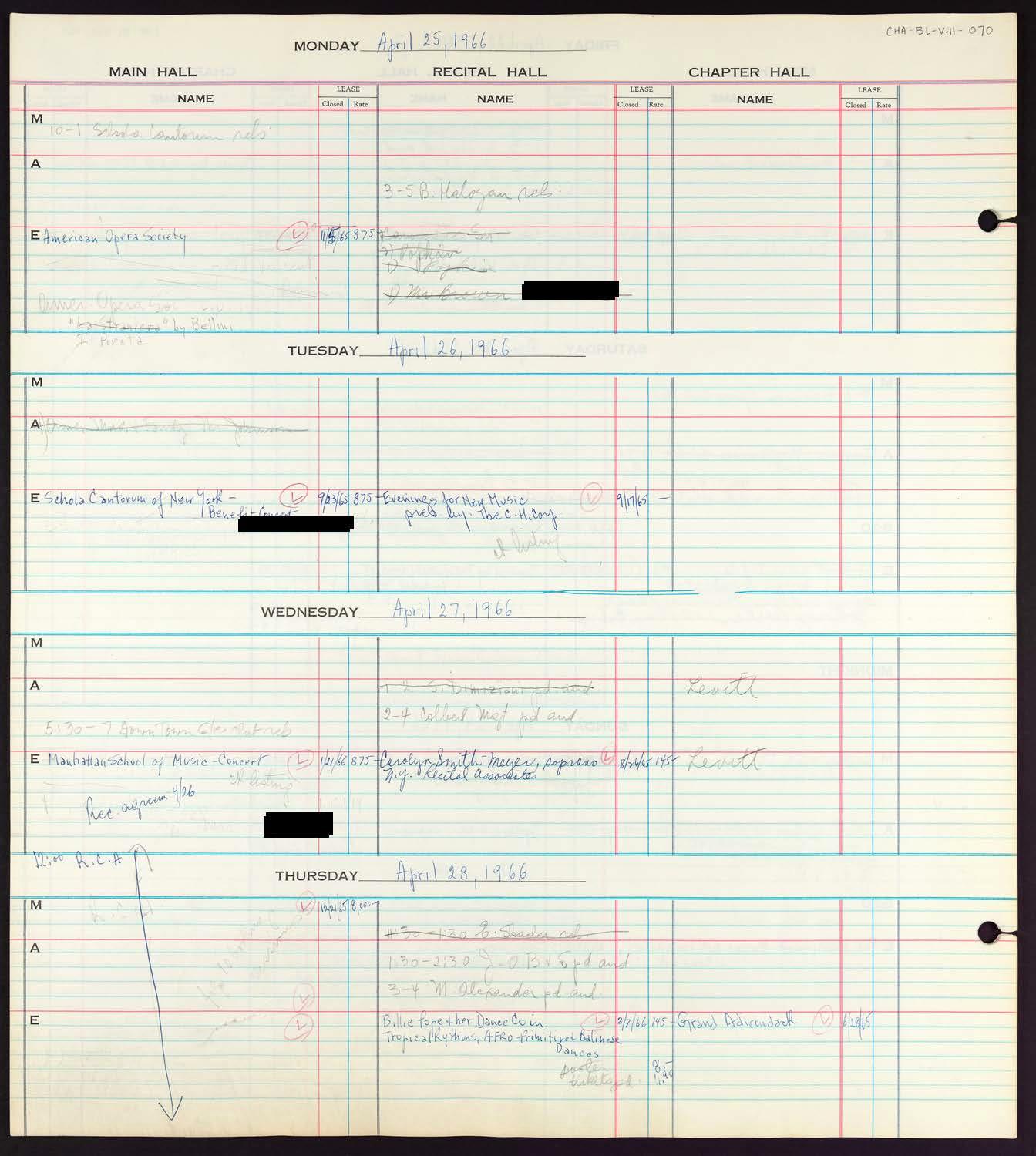 Carnegie Hall Booking Ledger, volume 11, page 70