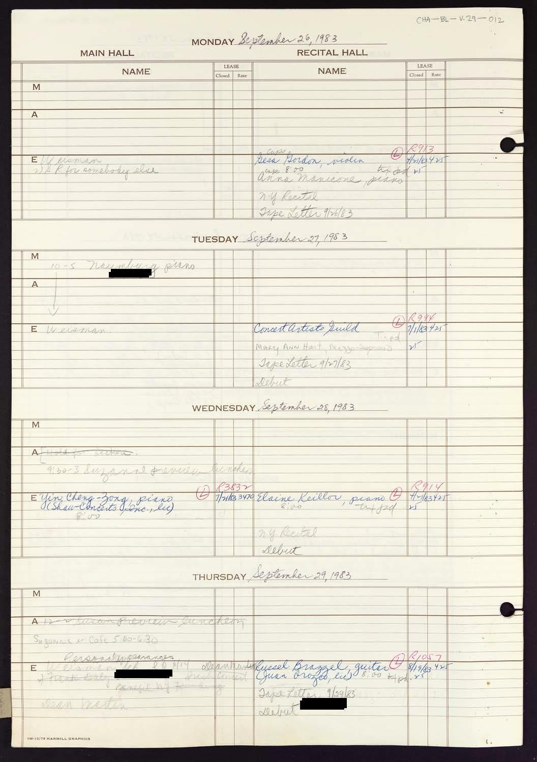 Carnegie Hall Booking Ledger, volume 29, page 12