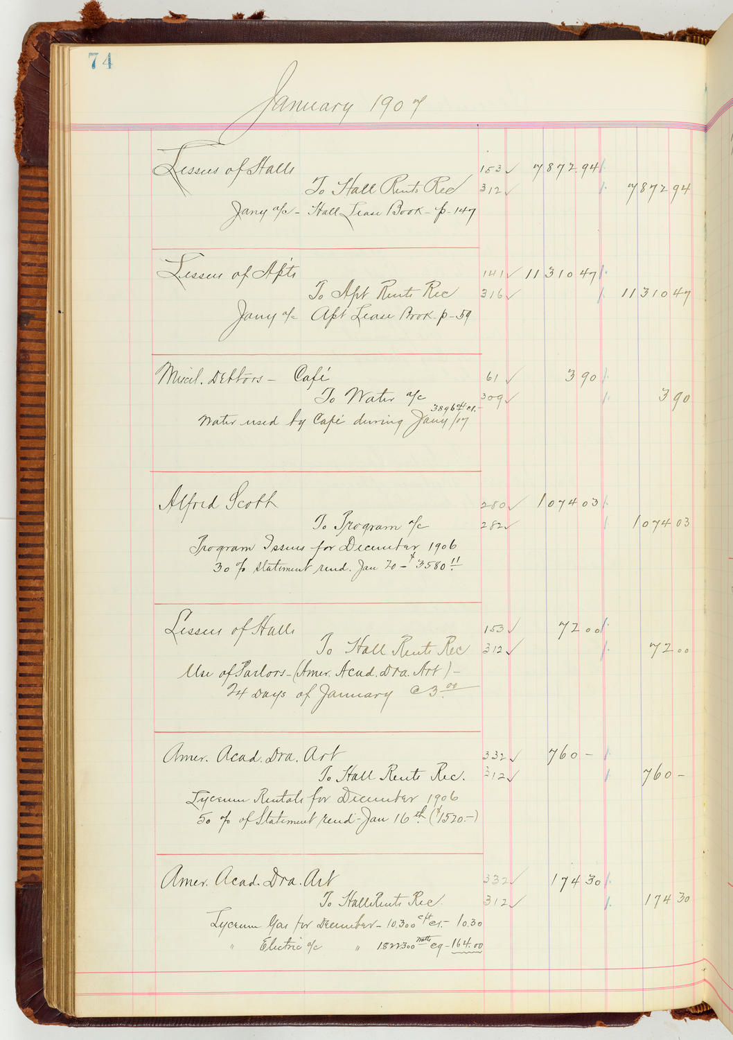 Music Hall Accounting Ledger Journal, volume 7, page 74