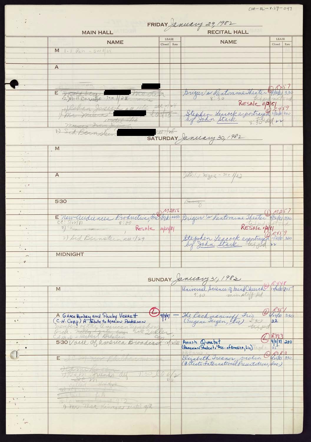 Carnegie Hall Booking Ledger, volume 27, page 47