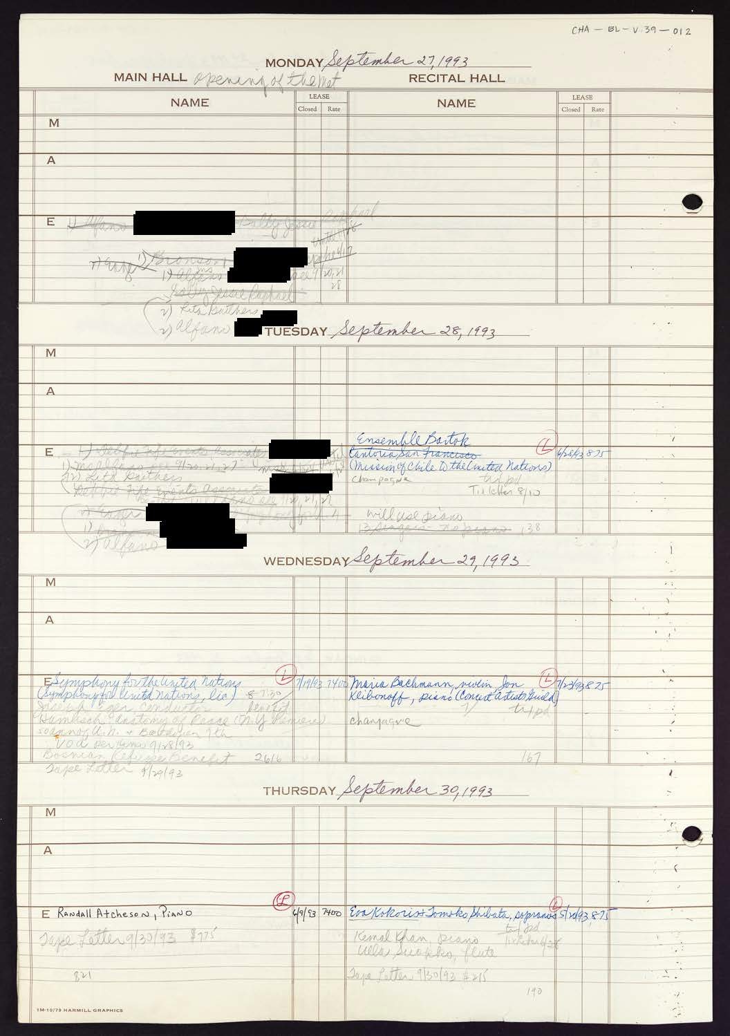 Carnegie Hall Booking Ledger, volume 39, page 12