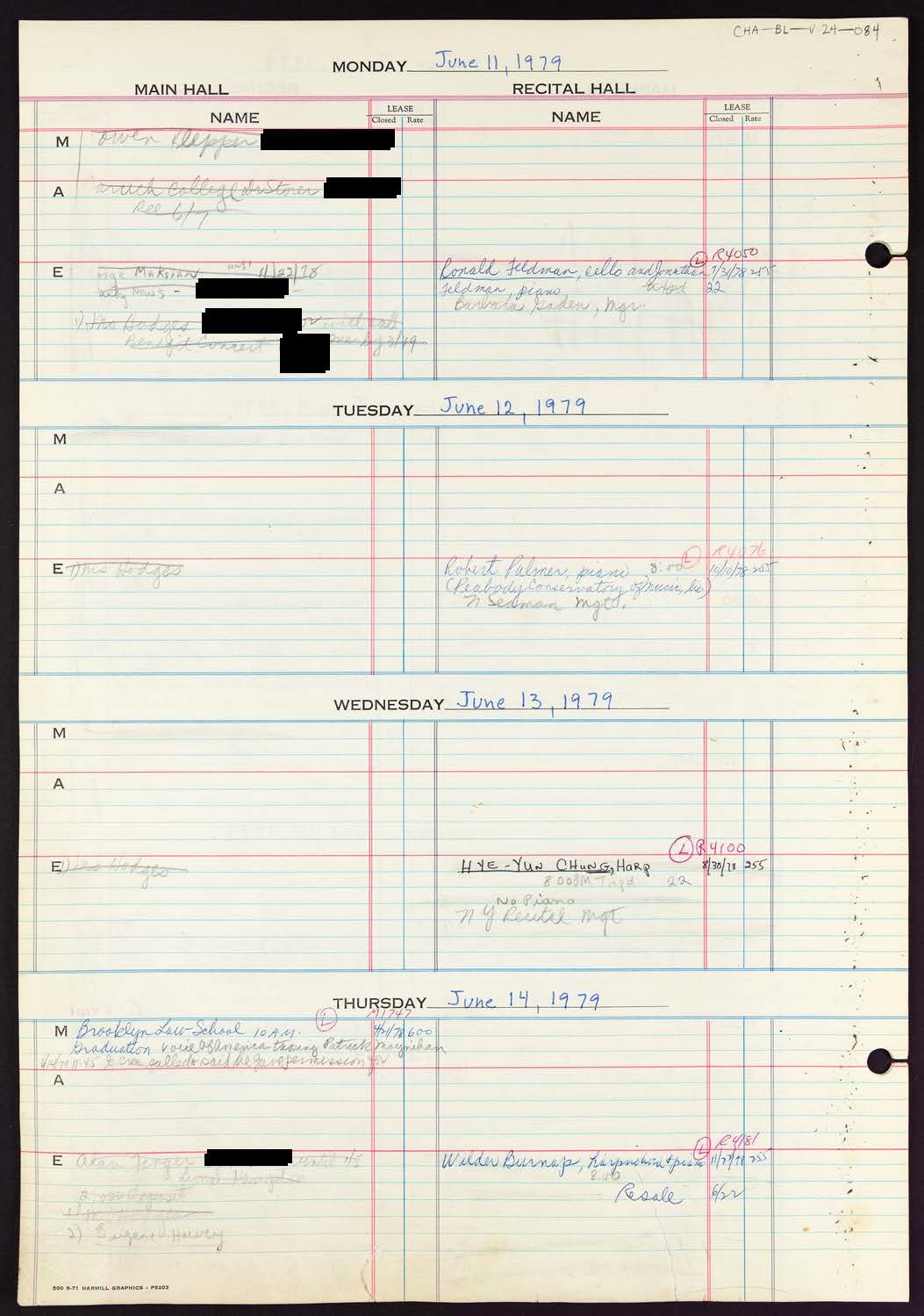 Carnegie Hall Booking Ledger, volume 24, page 84