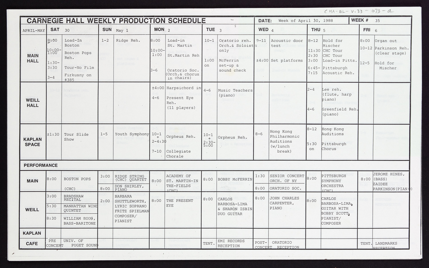 Carnegie Hall Booking Ledger, volume 33, page 73a