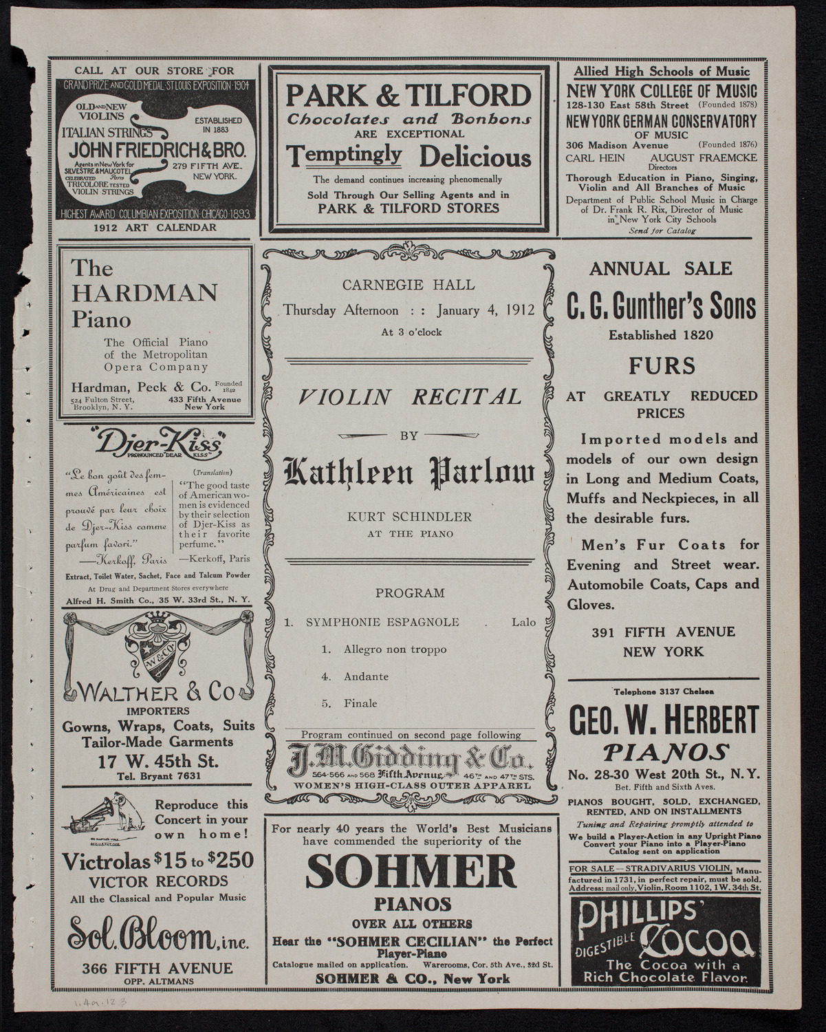 Kathleen Parlow, Violin, January 4, 1912, program page 5