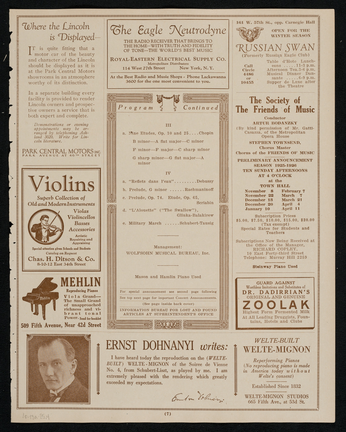 Alexander Brailowsky, Piano, October 18, 1925, program page 7