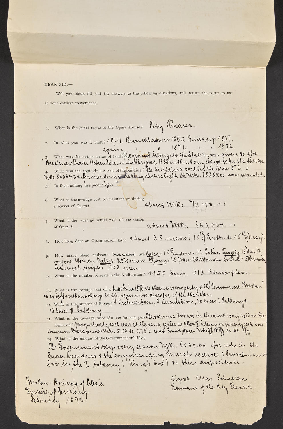 Questionnaire to Breslau Stadt Theater, February 1893 (translation)