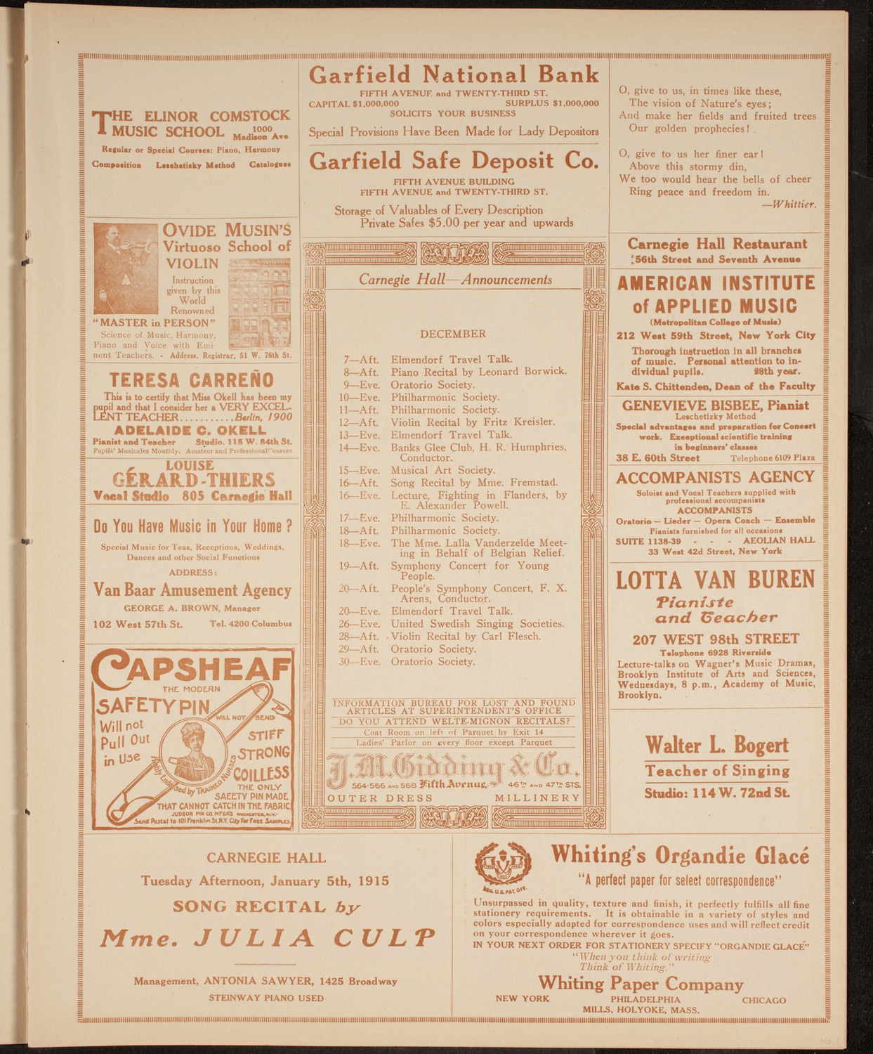 Elmendorf Lecture: Around the United States, December 6, 1914, program page 3