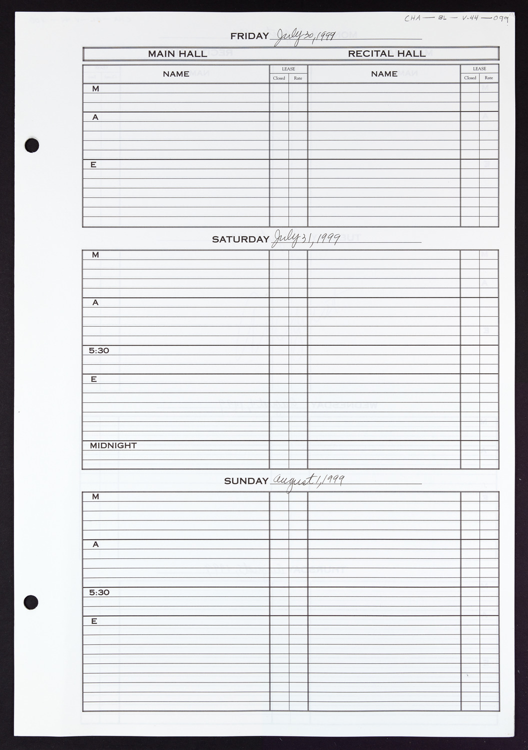 Carnegie Hall Booking Ledger, volume 44, page 99