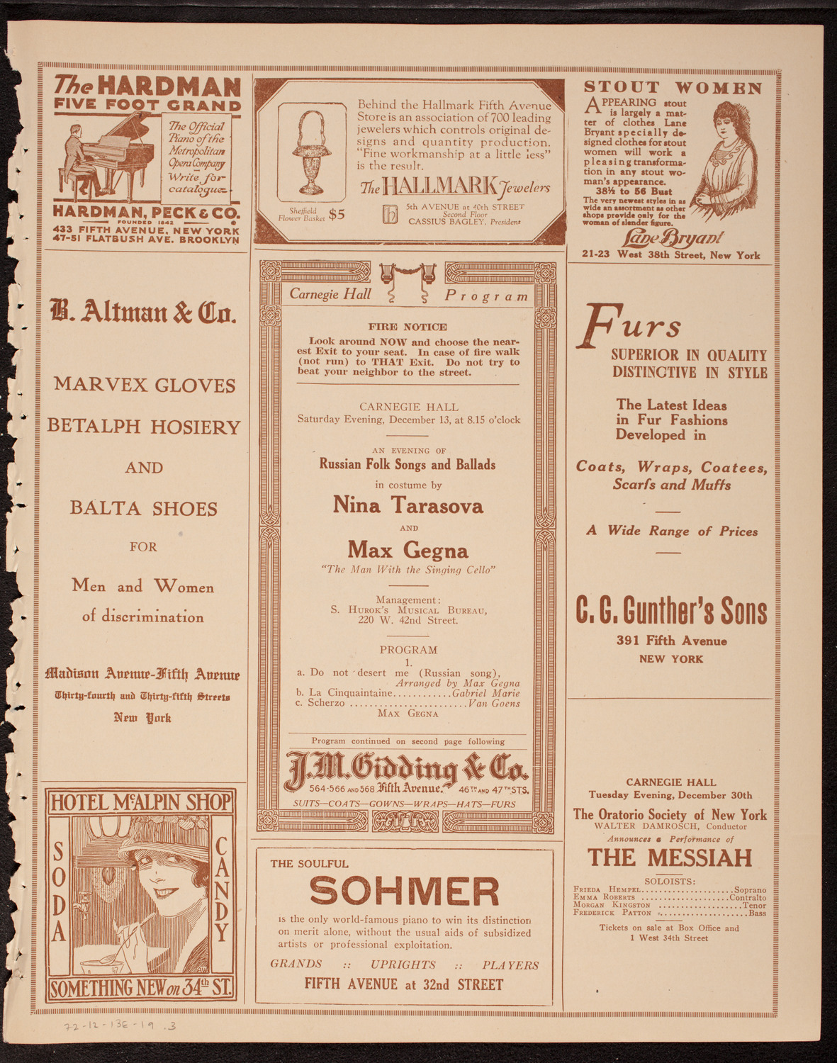 Nina Tarasova, Folk Singer, and Max Gegna, Cello, December 13, 1919, program page 5