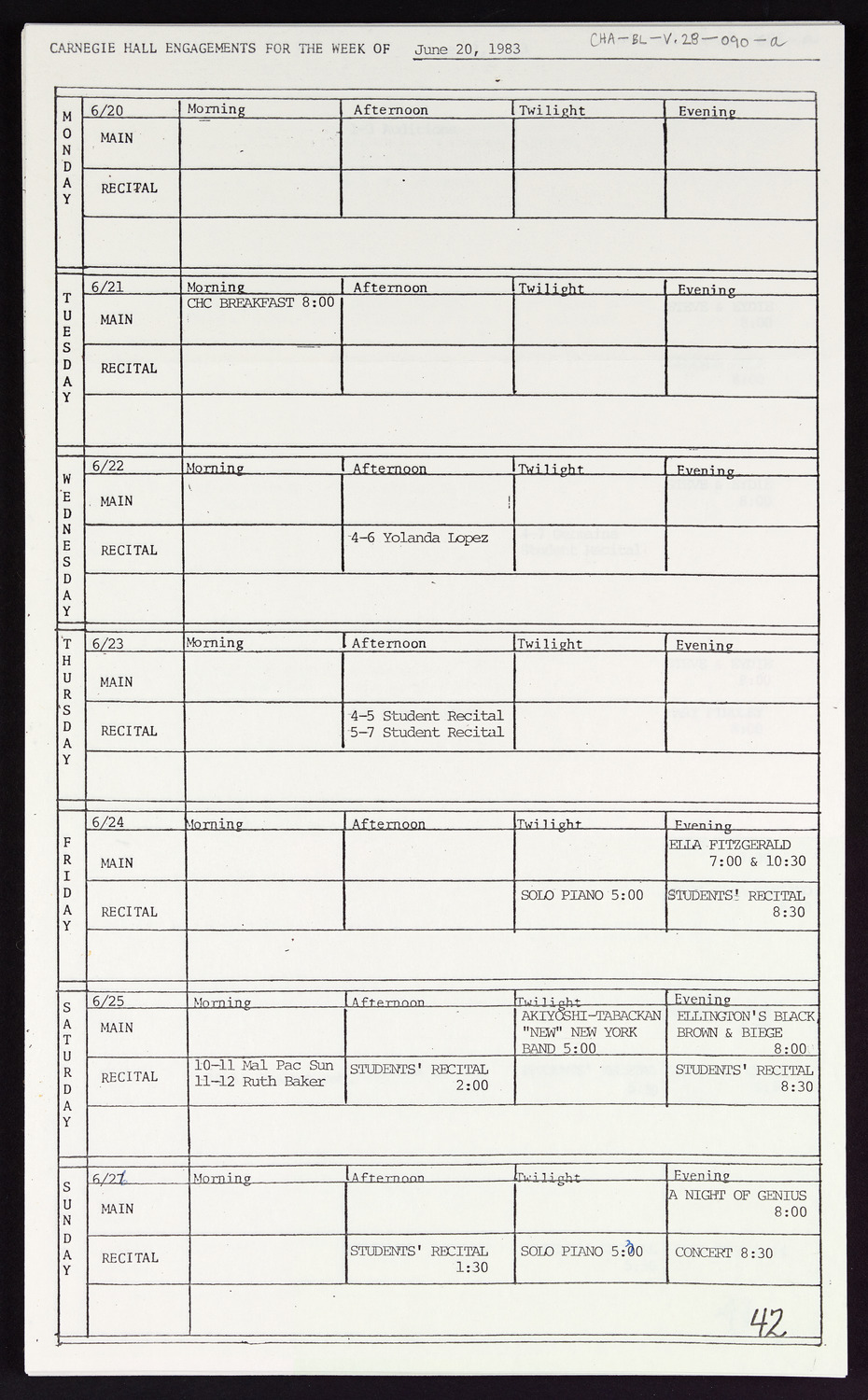 Carnegie Hall Booking Ledger, volume 28, page 90a