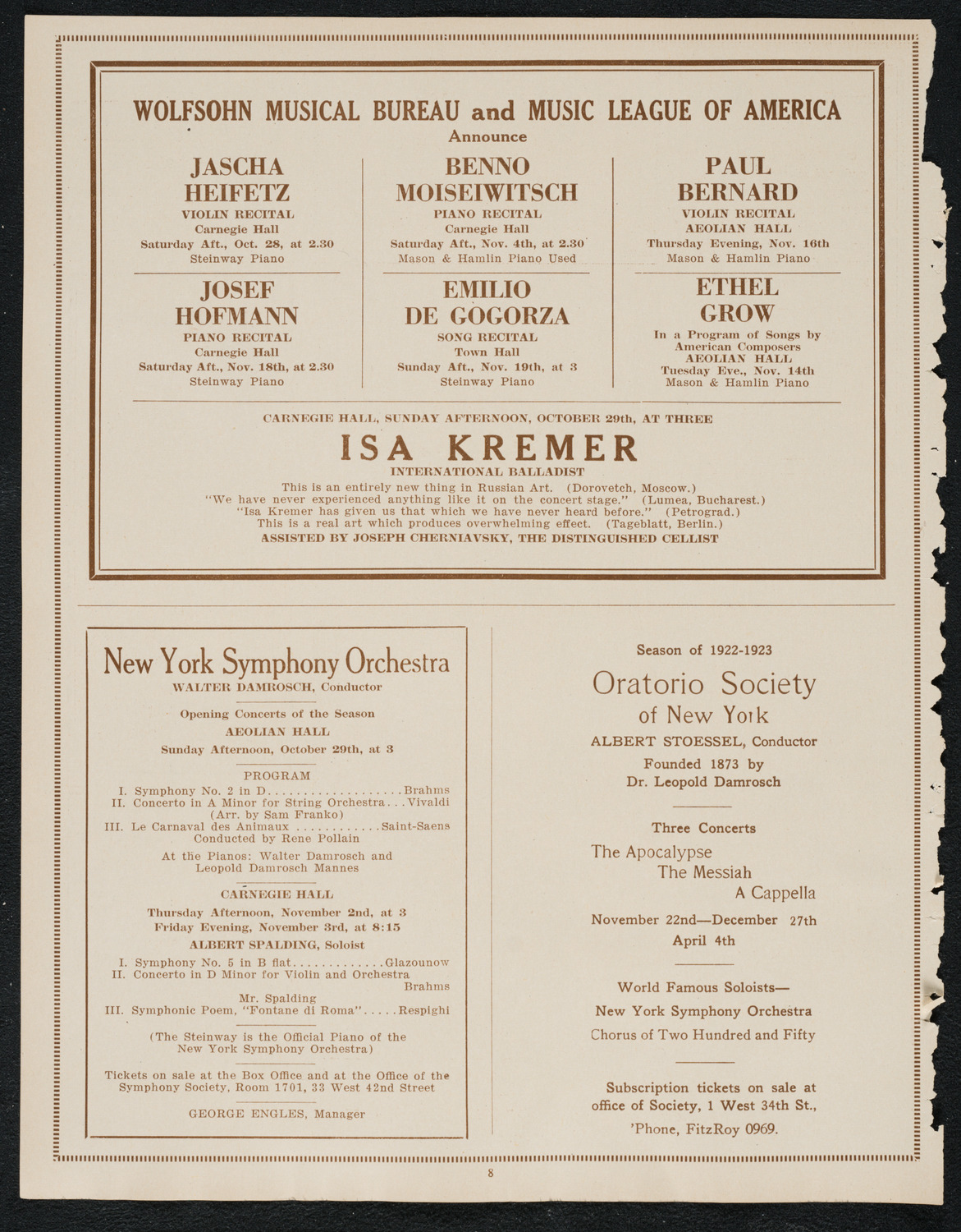 60th Birthday Celebration of Reuben Brainin, October 22, 1922, program page 8