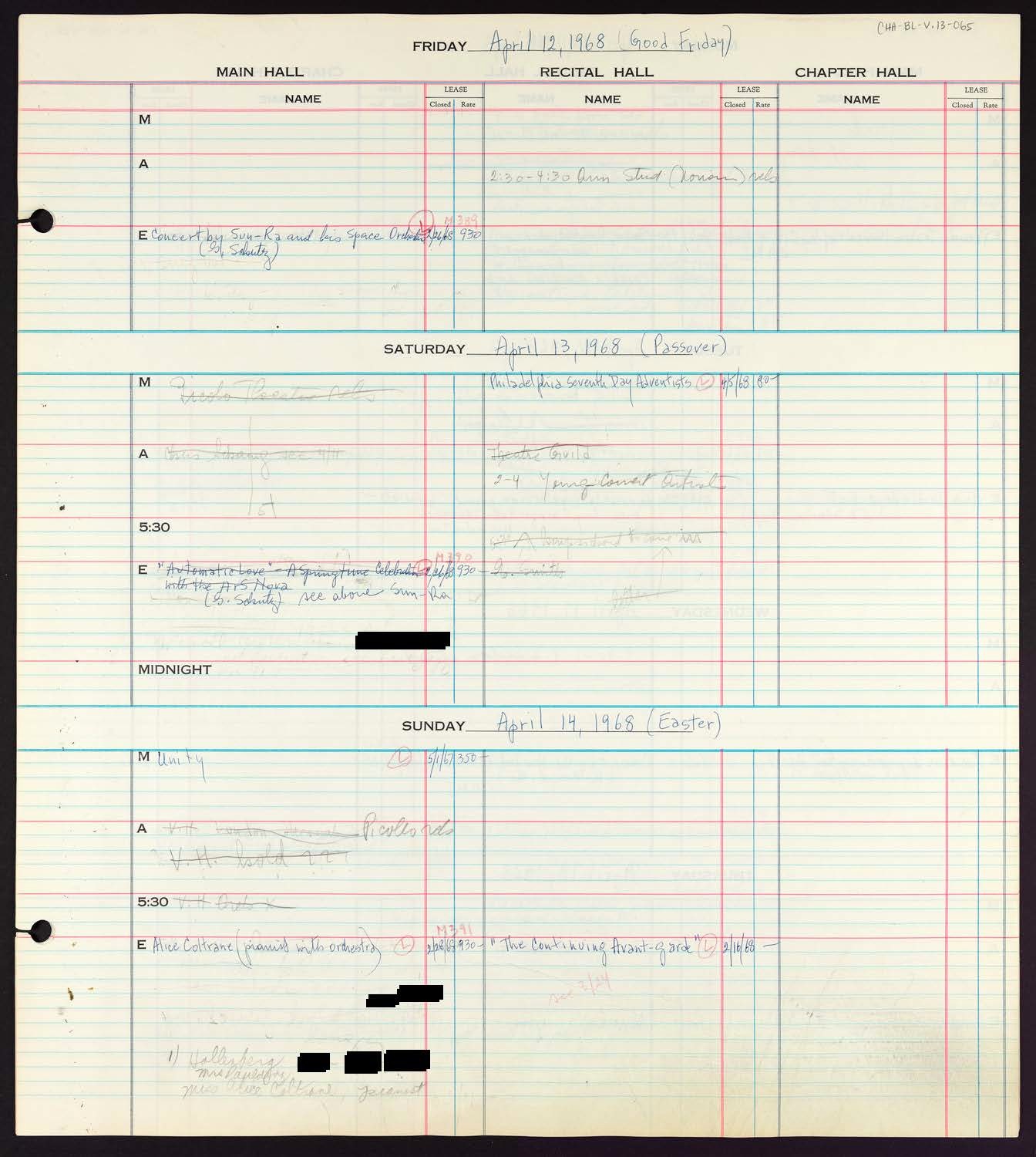 Carnegie Hall Booking Ledger, volume 13, page 65