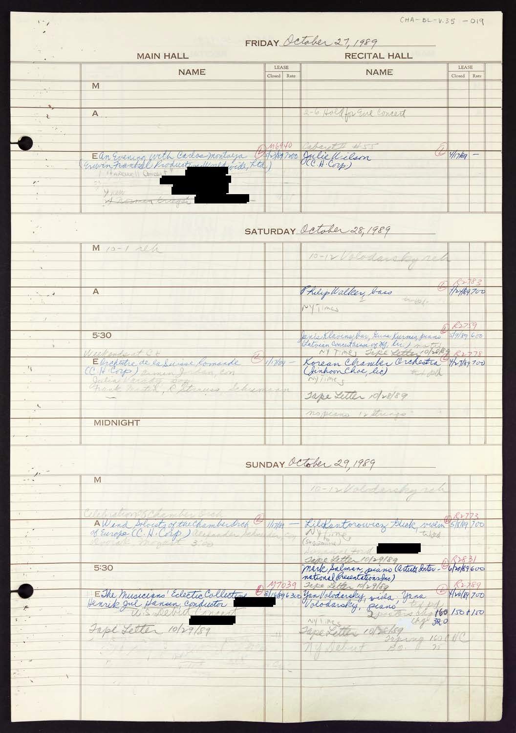 Carnegie Hall Booking Ledger, volume 35, page 19