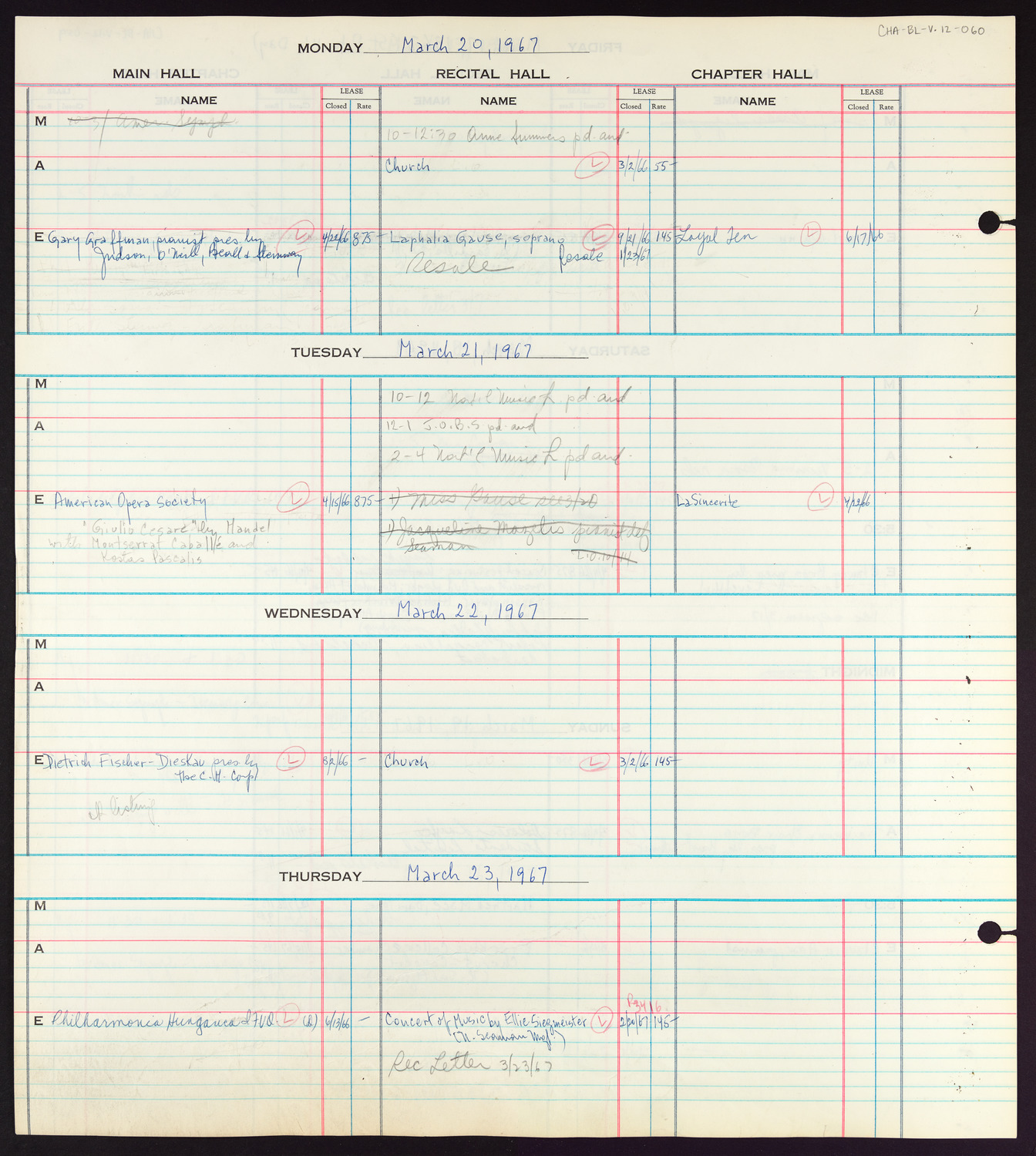 Carnegie Hall Booking Ledger, volume 12, page 60