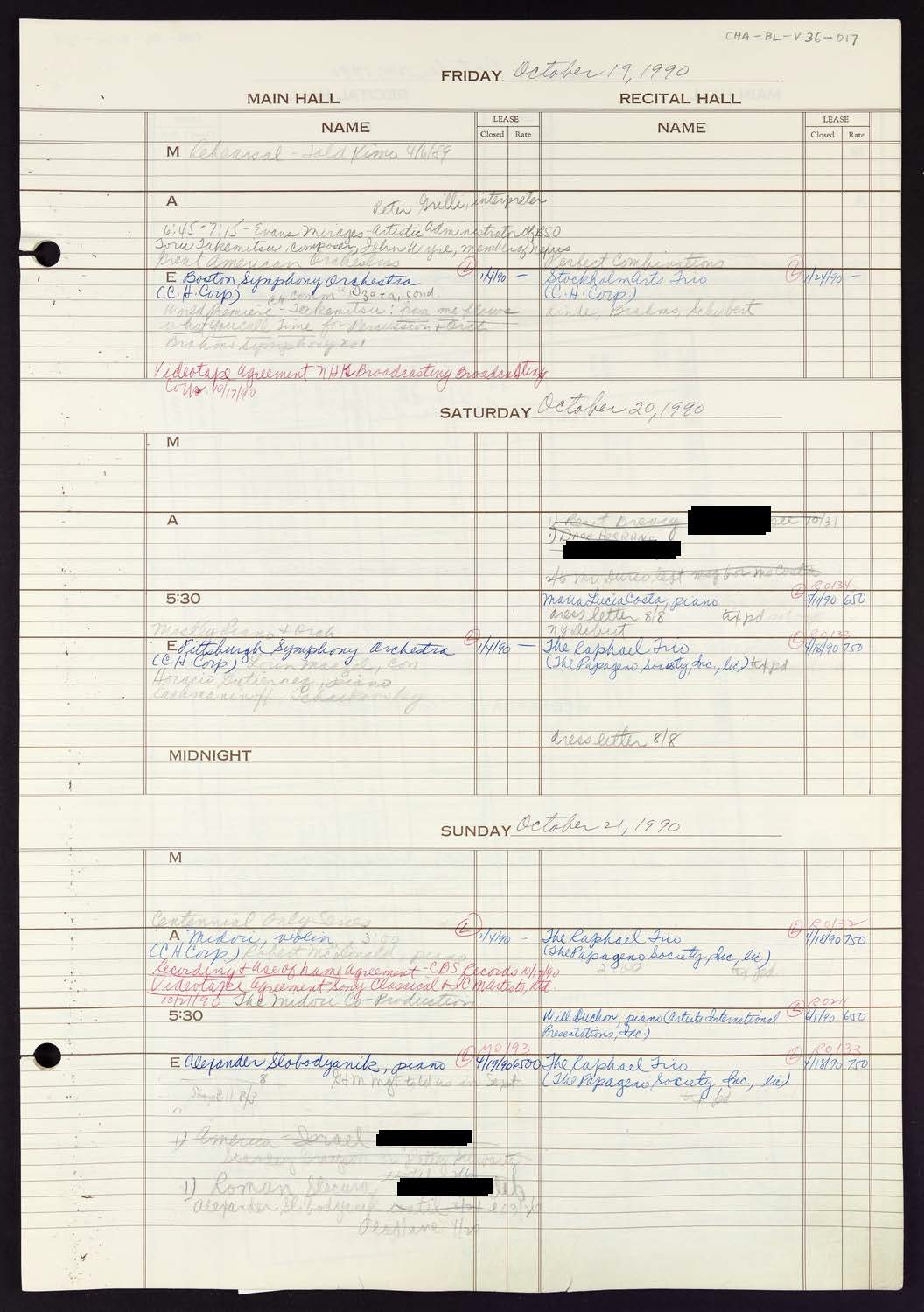 Carnegie Hall Booking Ledger, volume 36, page 17