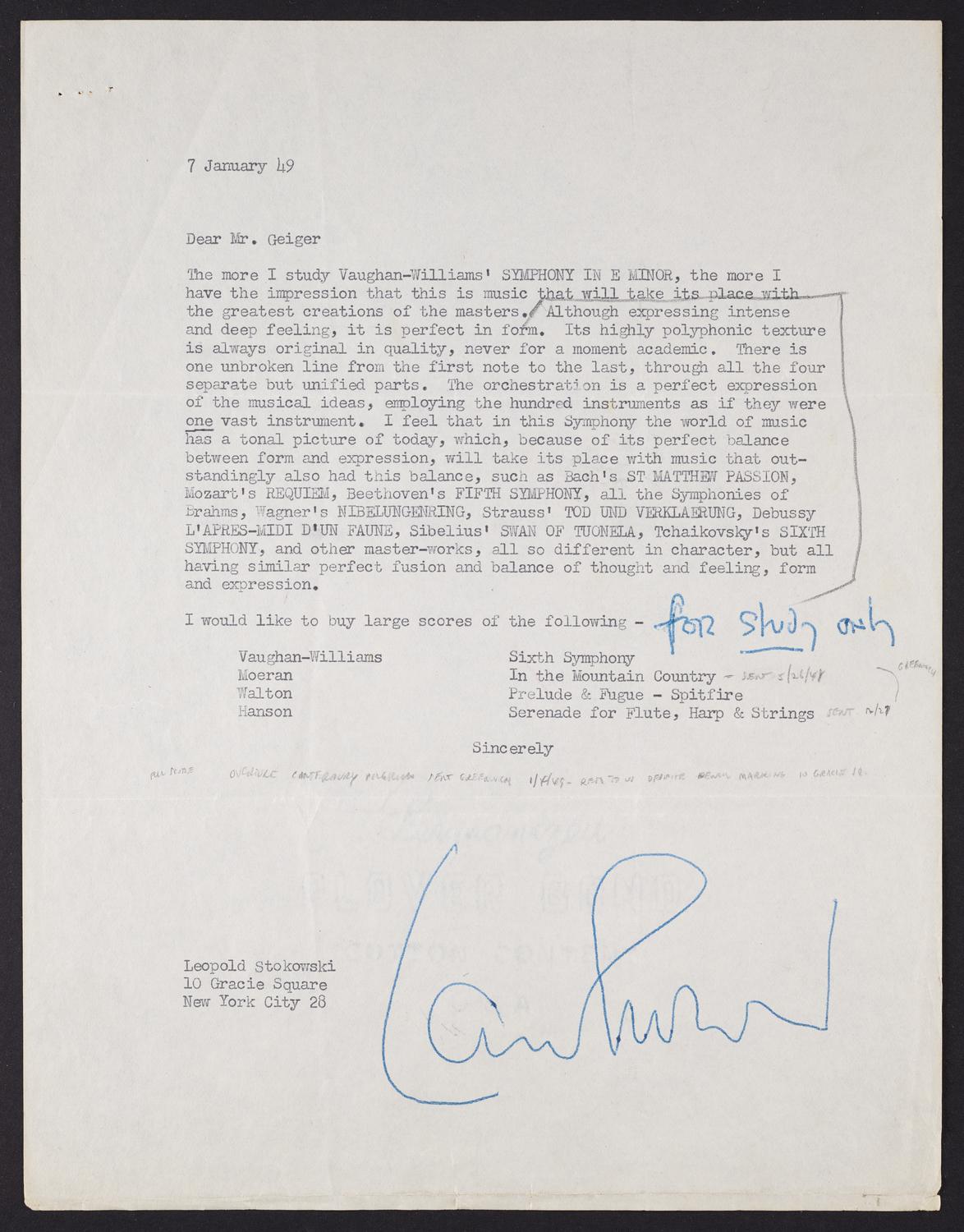Correspondence from Leopold Stokowski to Robert Geiger, page 1 of 6