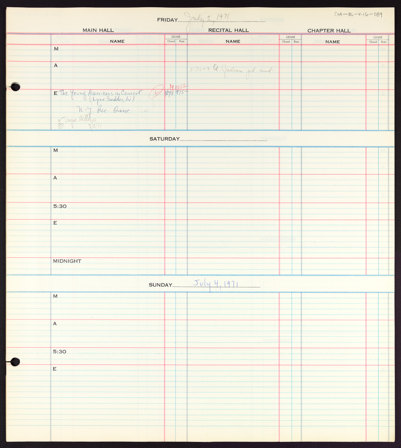 Carnegie Hall Booking Ledger, volume 16, page 89