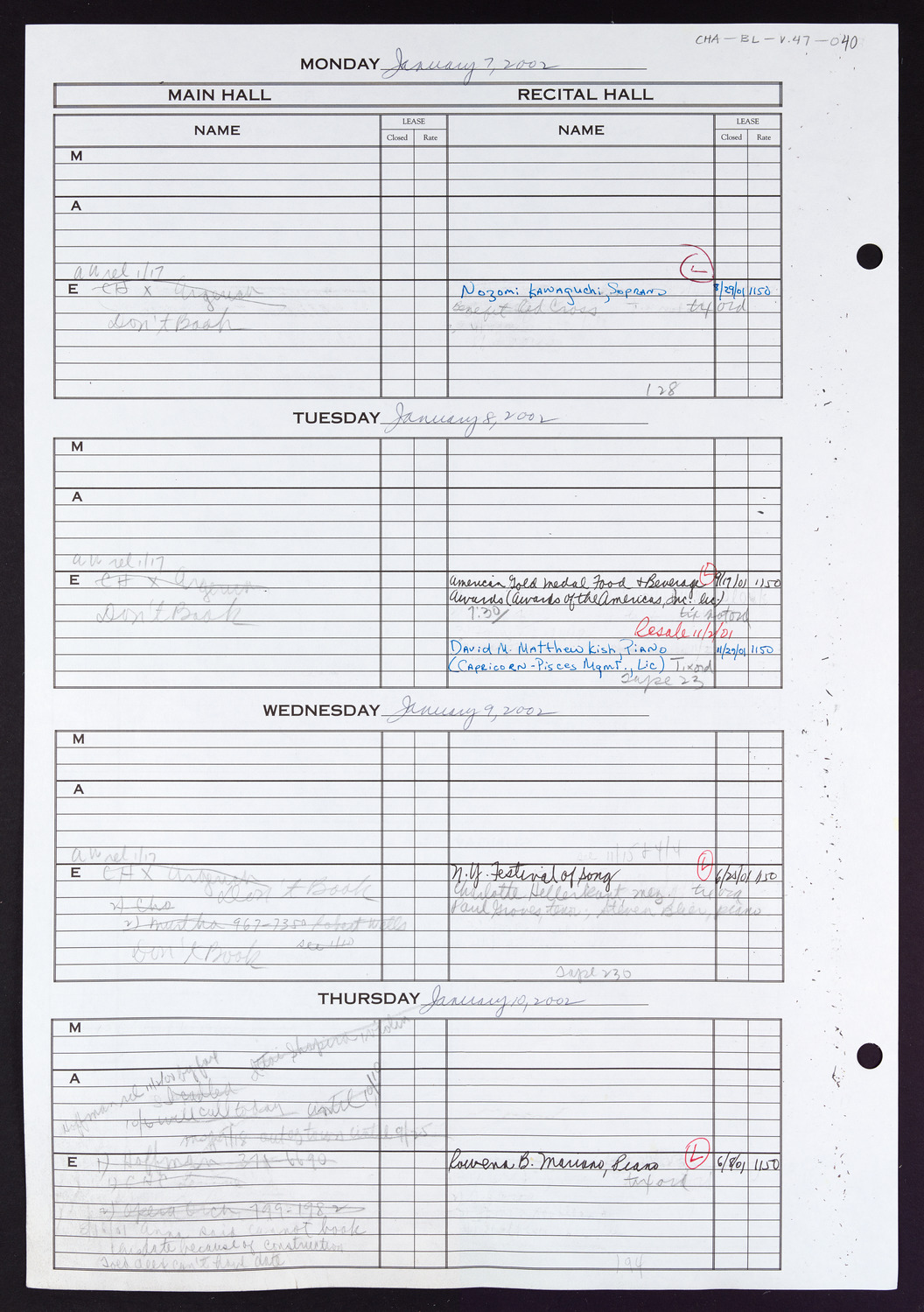 Carnegie Hall Booking Ledger, volume 47, page 40