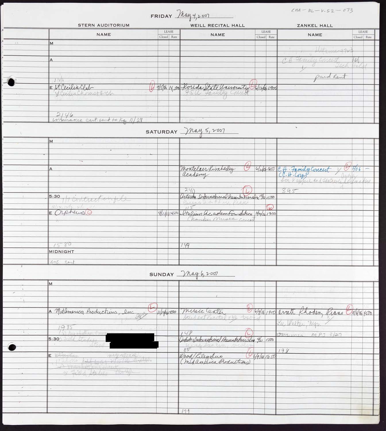 Carnegie Hall Booking Ledger, volume 52, page 73