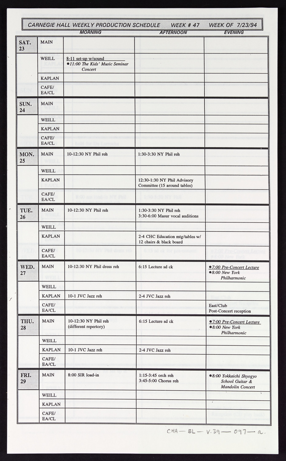 Carnegie Hall Booking Ledger, volume 39, page 97a