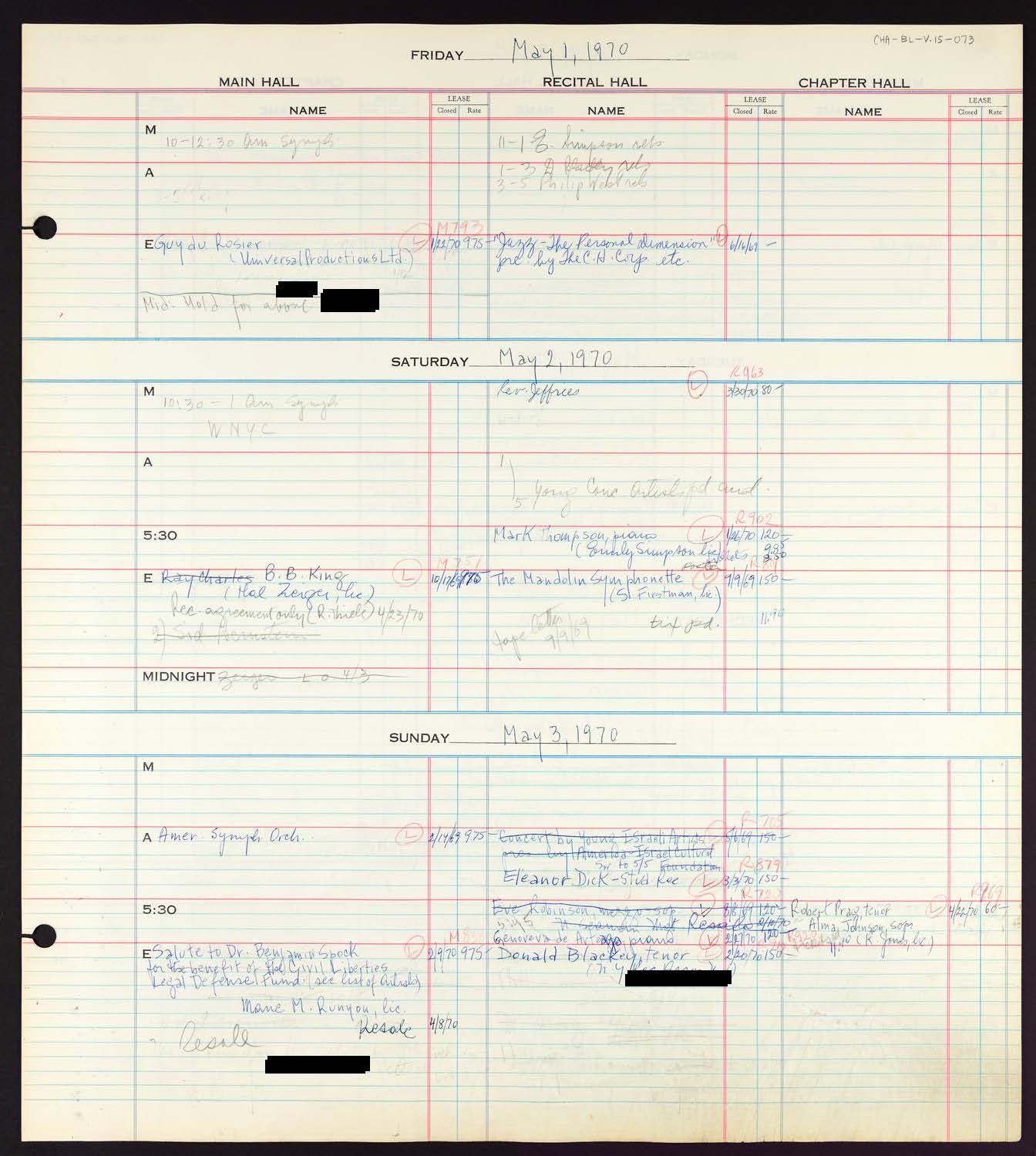 Carnegie Hall Booking Ledger, volume 15, page 73