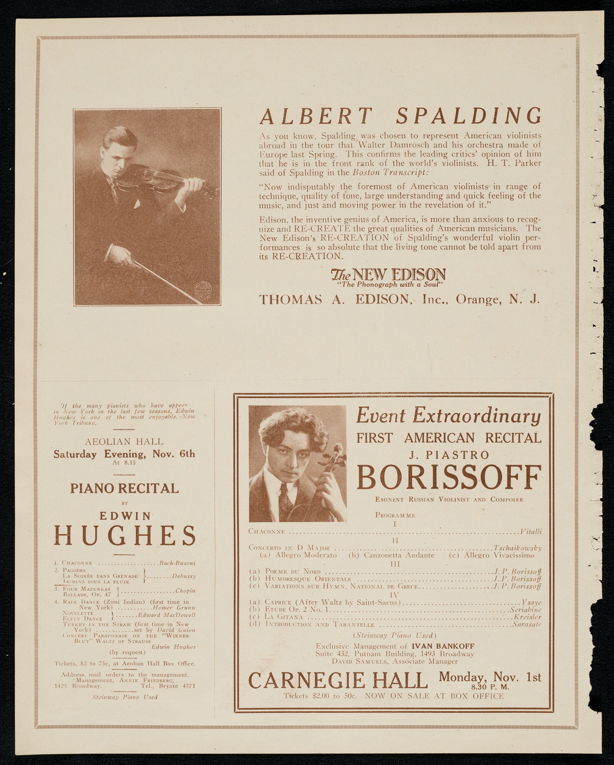 Mishel Piastro, Violin, October 30, 1920, program page 2