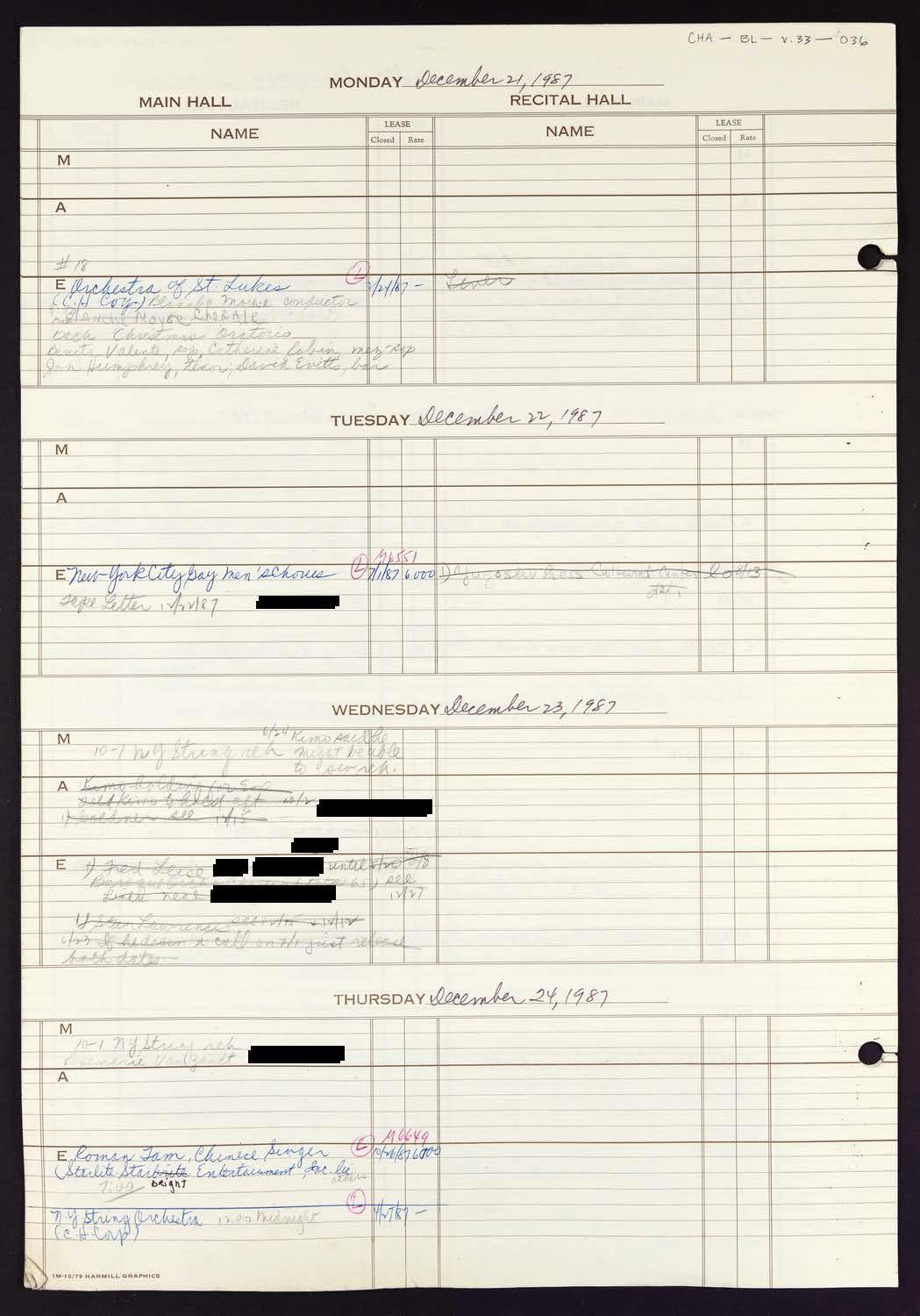 Carnegie Hall Booking Ledger, volume 33, page 36