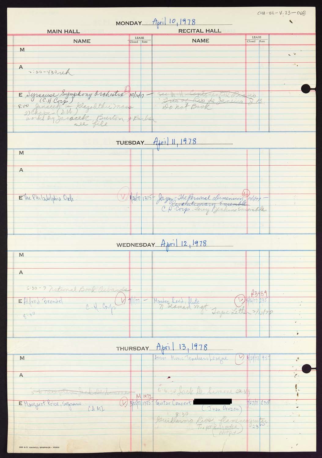 Carnegie Hall Booking Ledger, volume 23, page 68