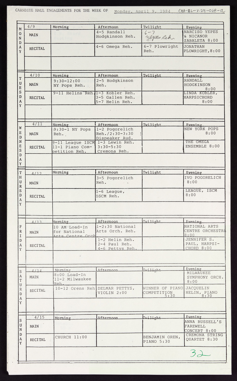 Carnegie Hall Booking Ledger, volume 29, page 68a