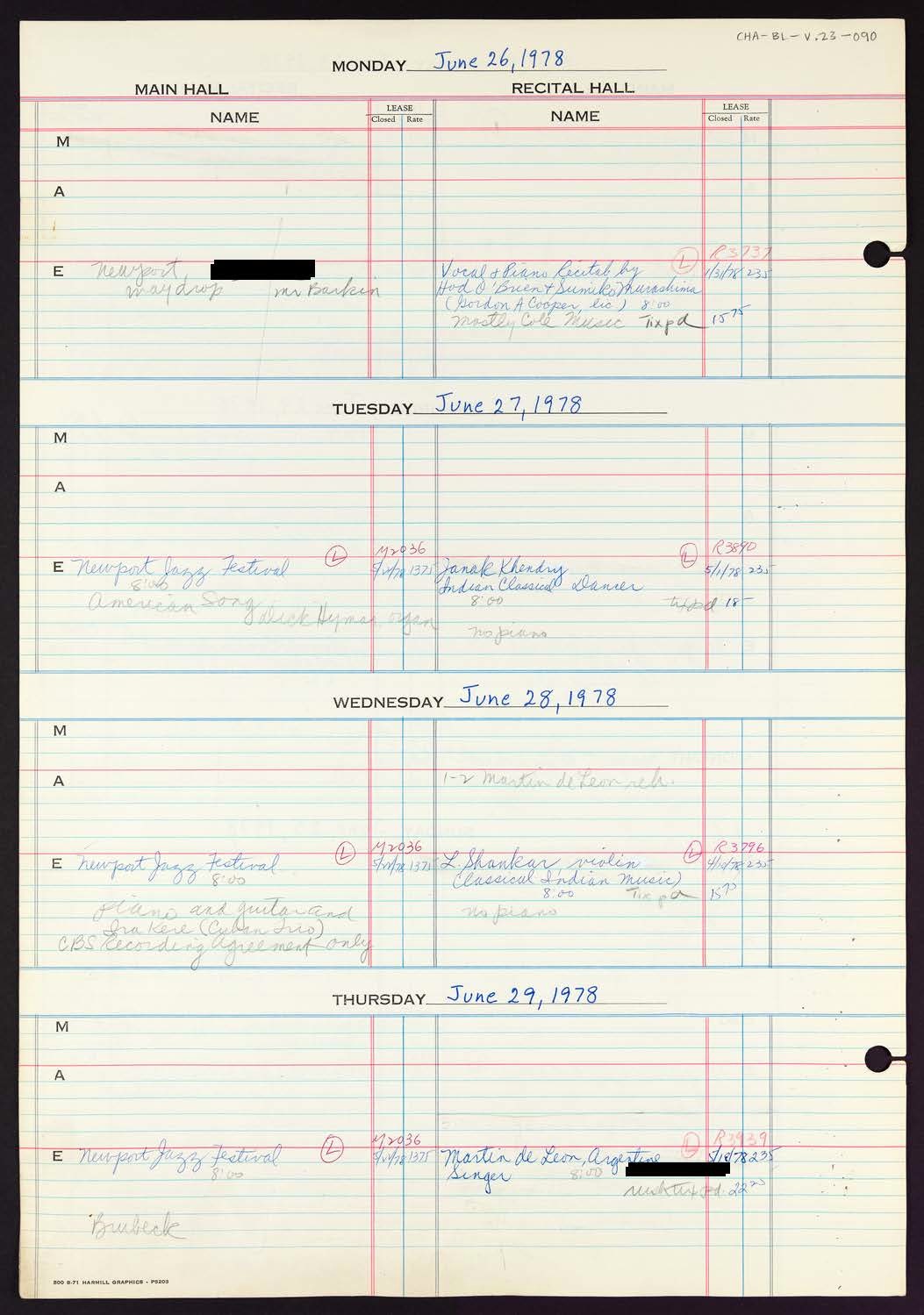 Carnegie Hall Booking Ledger, volume 23, page 90