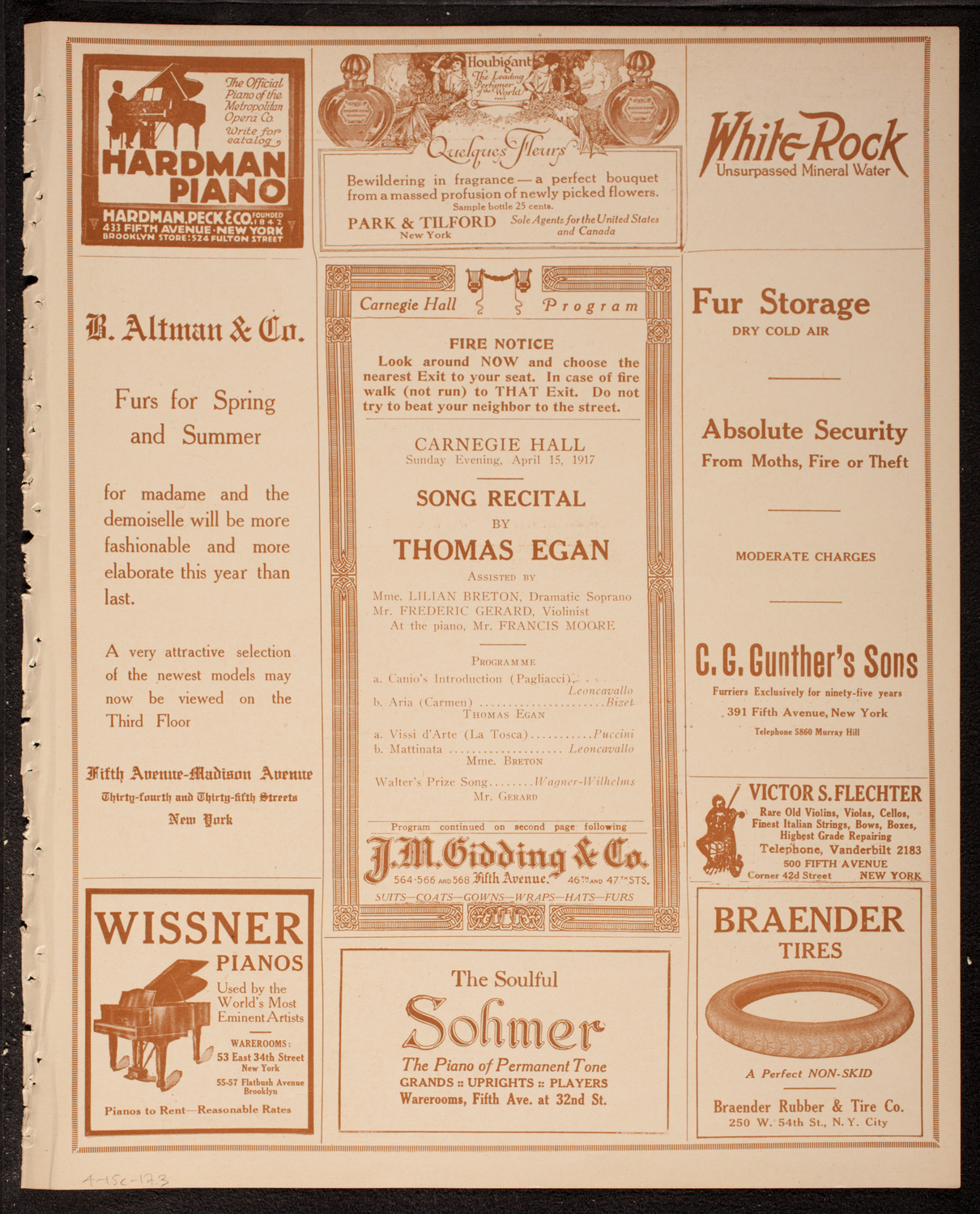 Thomas Egan, Tenor, assisted by Lilian Breton, Soprano, and Frederic Gerard, Violin, April 15, 1917, program page 5