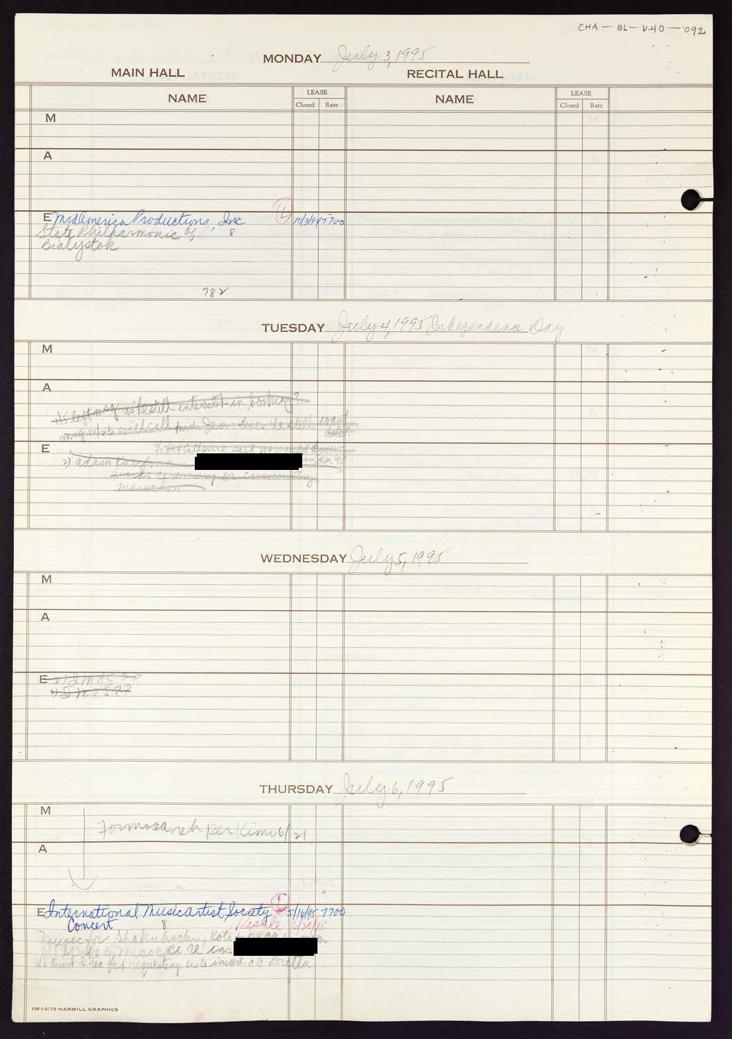 Carnegie Hall Booking Ledger, volume 40, page 92