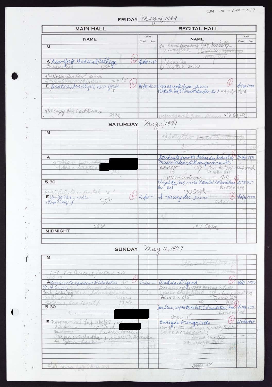 Carnegie Hall Booking Ledger, volume 44, page 77