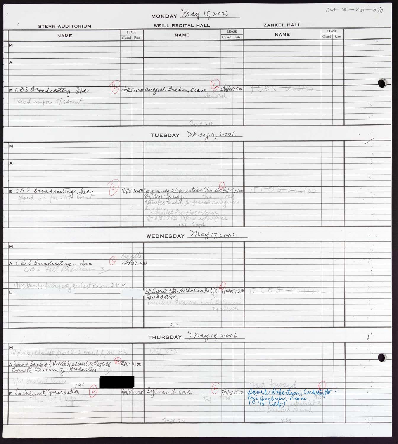 Carnegie Hall Booking Ledger, volume 51, page 78