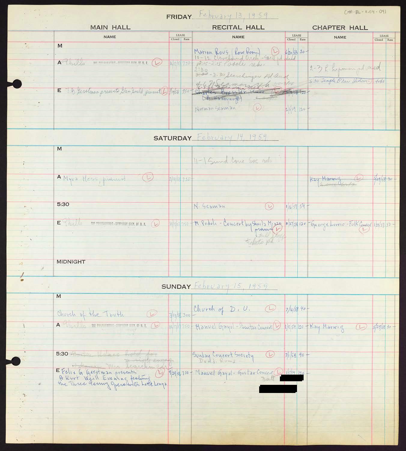 Carnegie Hall Booking Ledger, volume 4, page 41