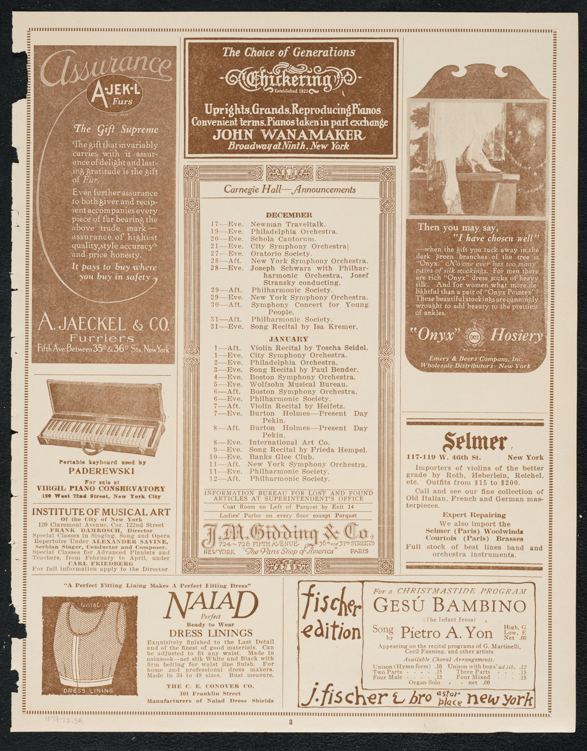 Sigrid Onégin, Contralto, Harold Bauer, and Felix Salmond, December 17, 1922, program page 3