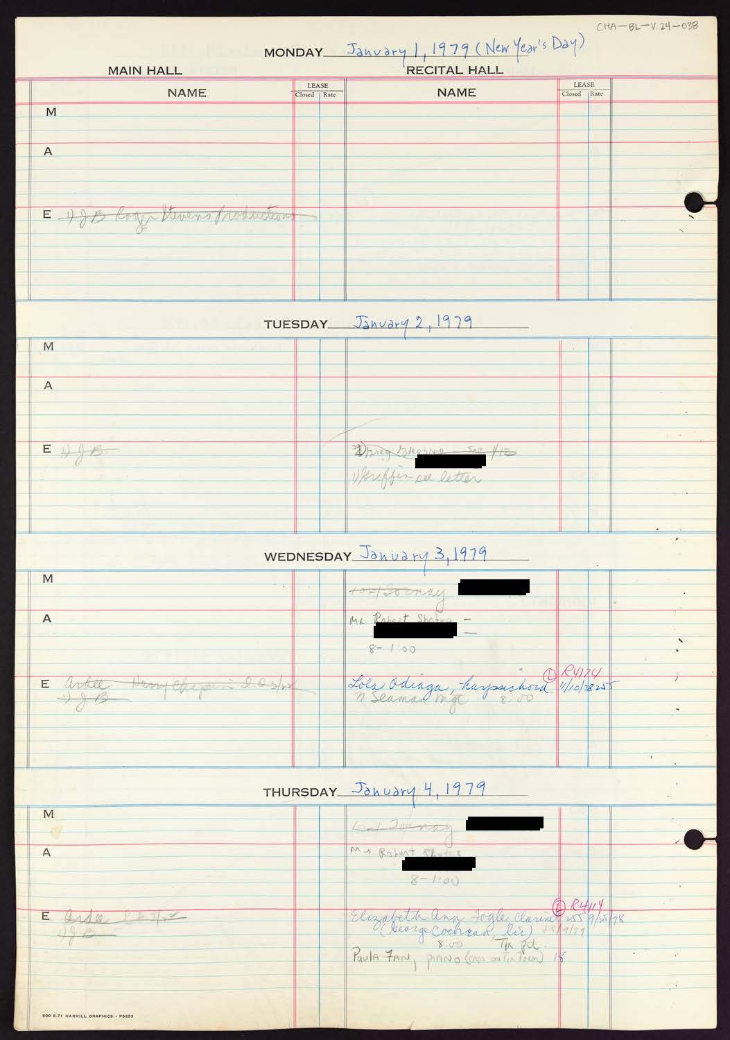 Carnegie Hall Booking Ledger, volume 24, page 38