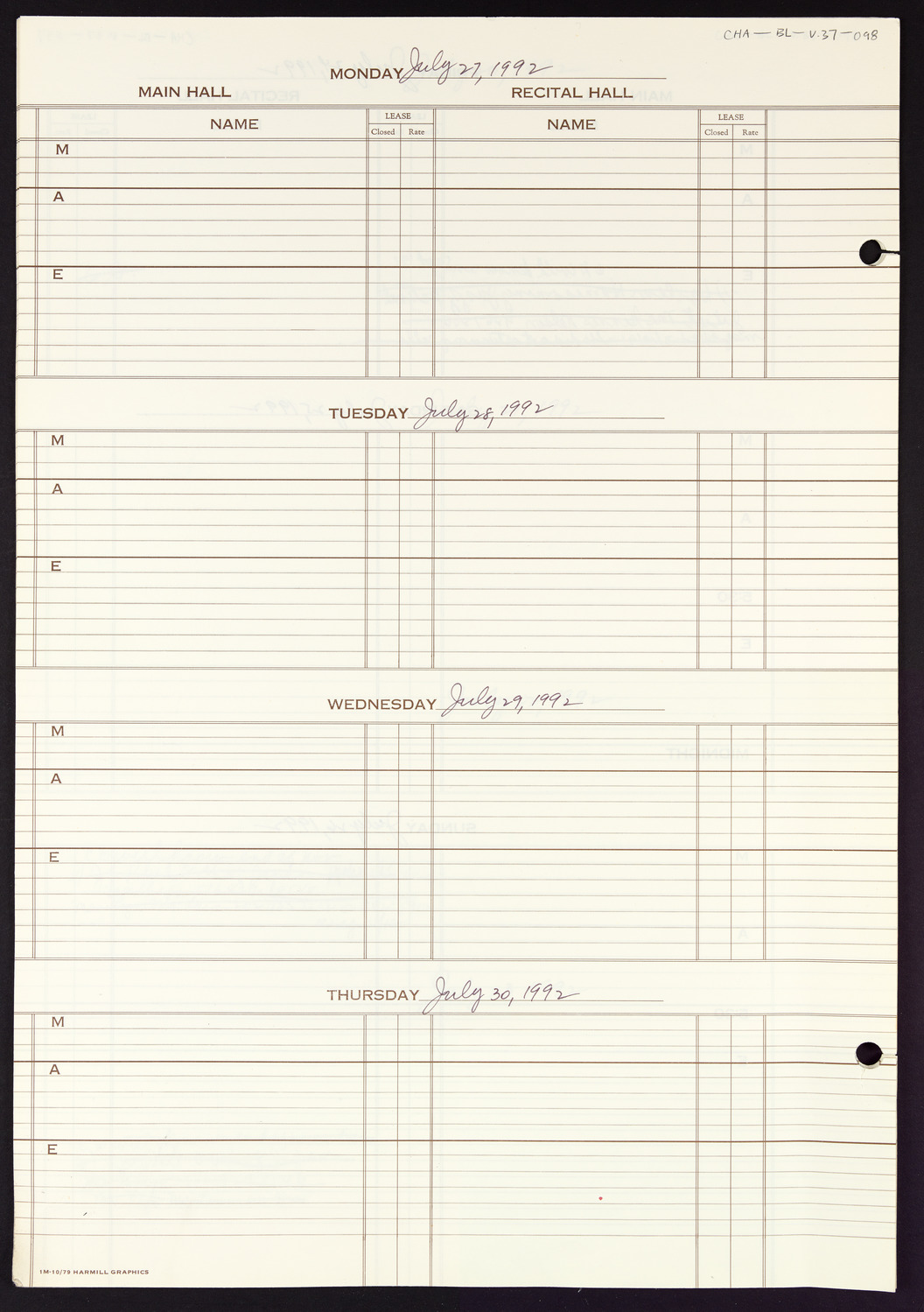 Carnegie Hall Booking Ledger, volume 37, page 98