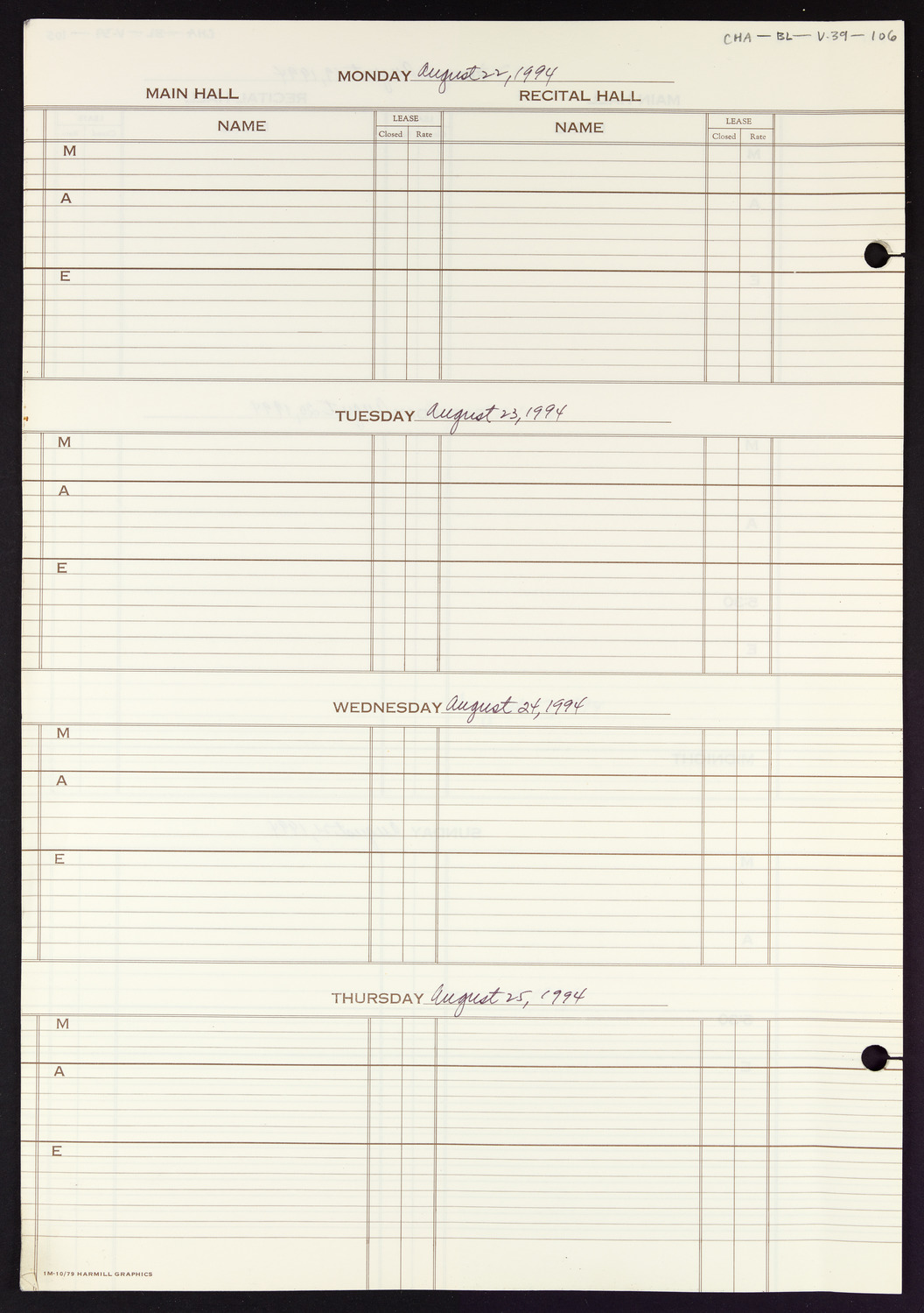 Carnegie Hall Booking Ledger, volume 39, page 106