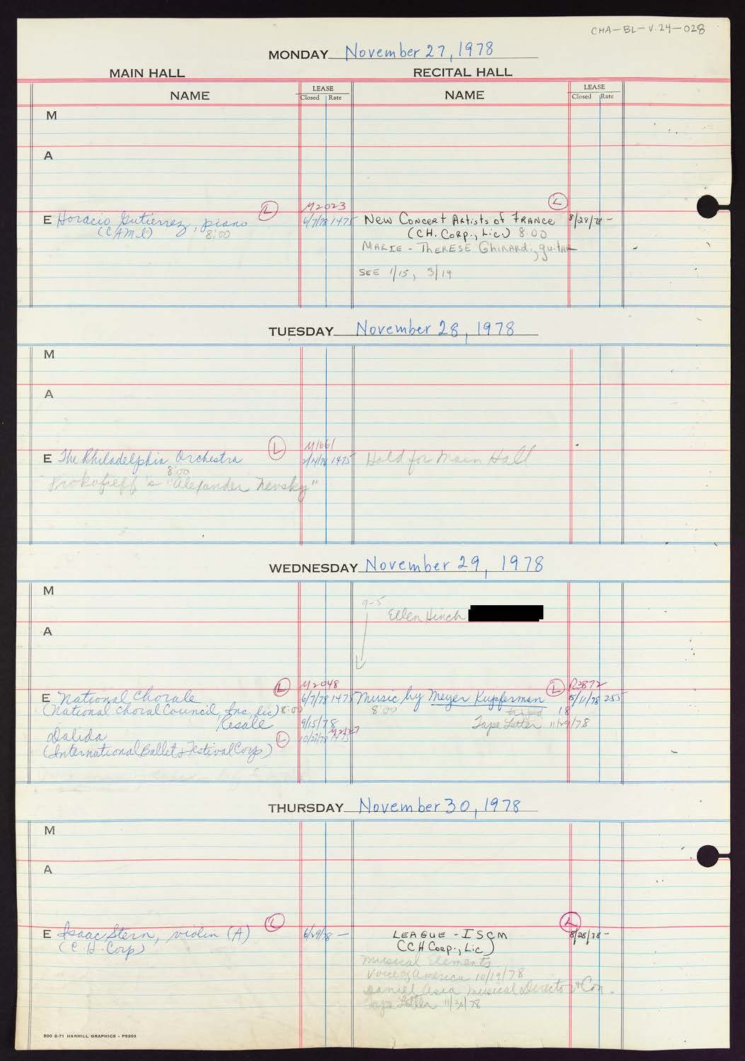 Carnegie Hall Booking Ledger, volume 24, page 28