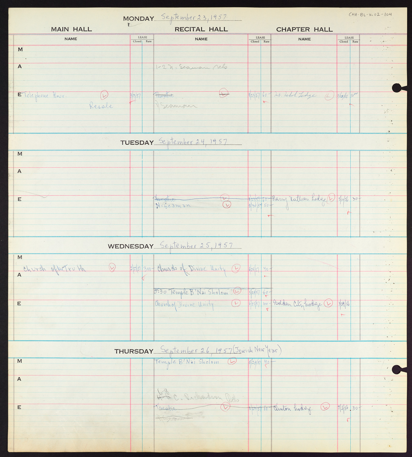 Carnegie Hall Booking Ledger, volume 2, page 104