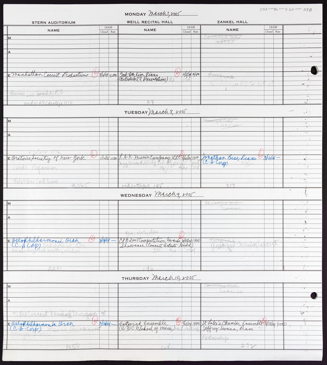 Carnegie Hall Booking Ledger, volume 50, page 58