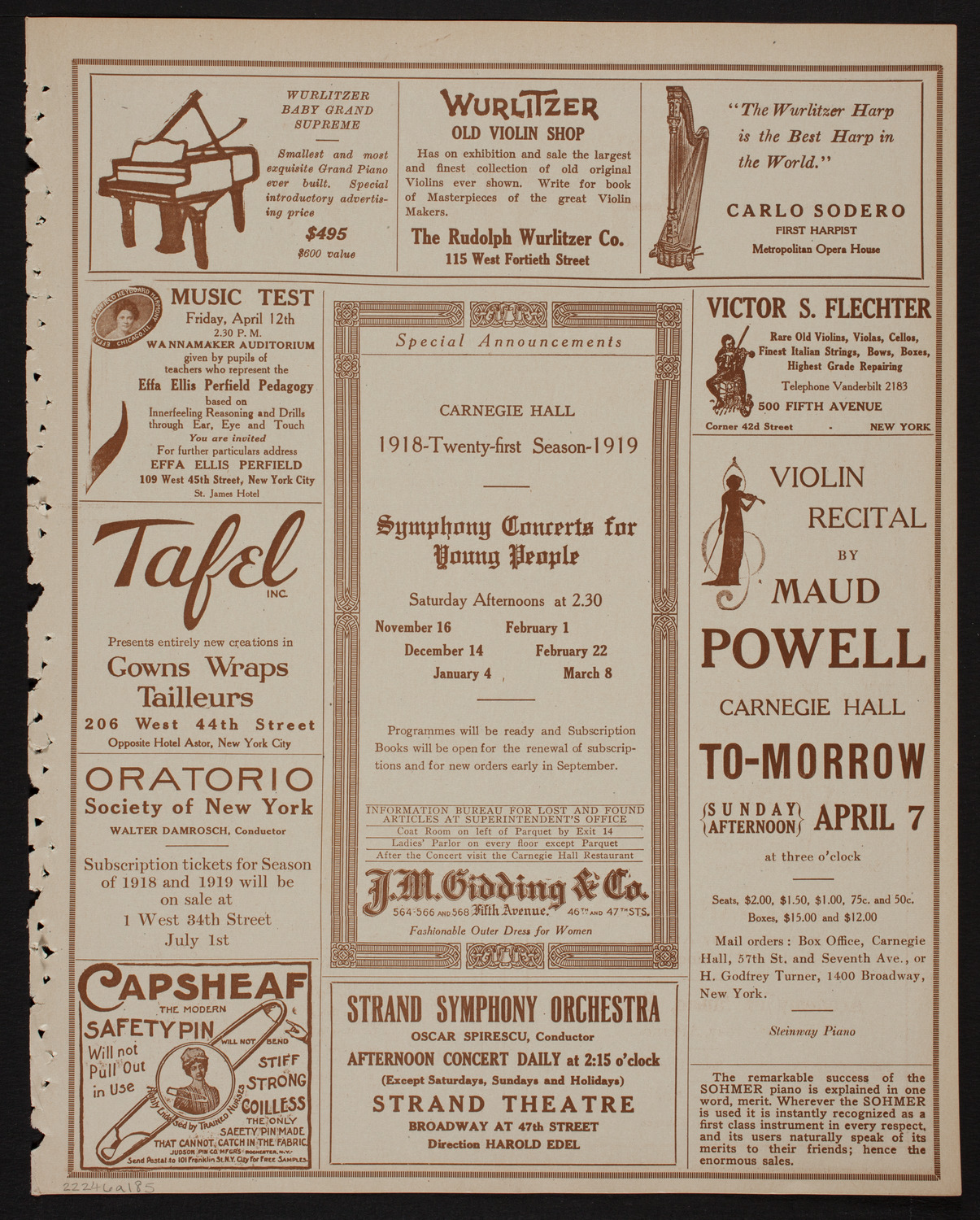 Jascha Heifetz, Violin, April 6, 1918, program page 9